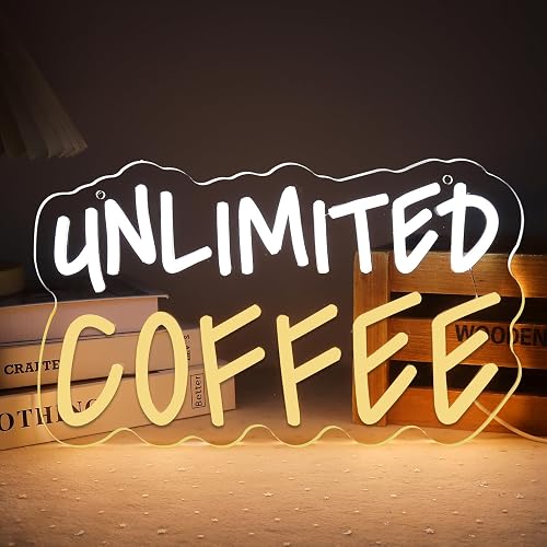 HKONHGUK Unlimited Coffee Neon Sign Cool White and Warm White LED Light Dimmable USB Powered Wall Decor for Coffee Bar Kitchen Office Funny Coffee