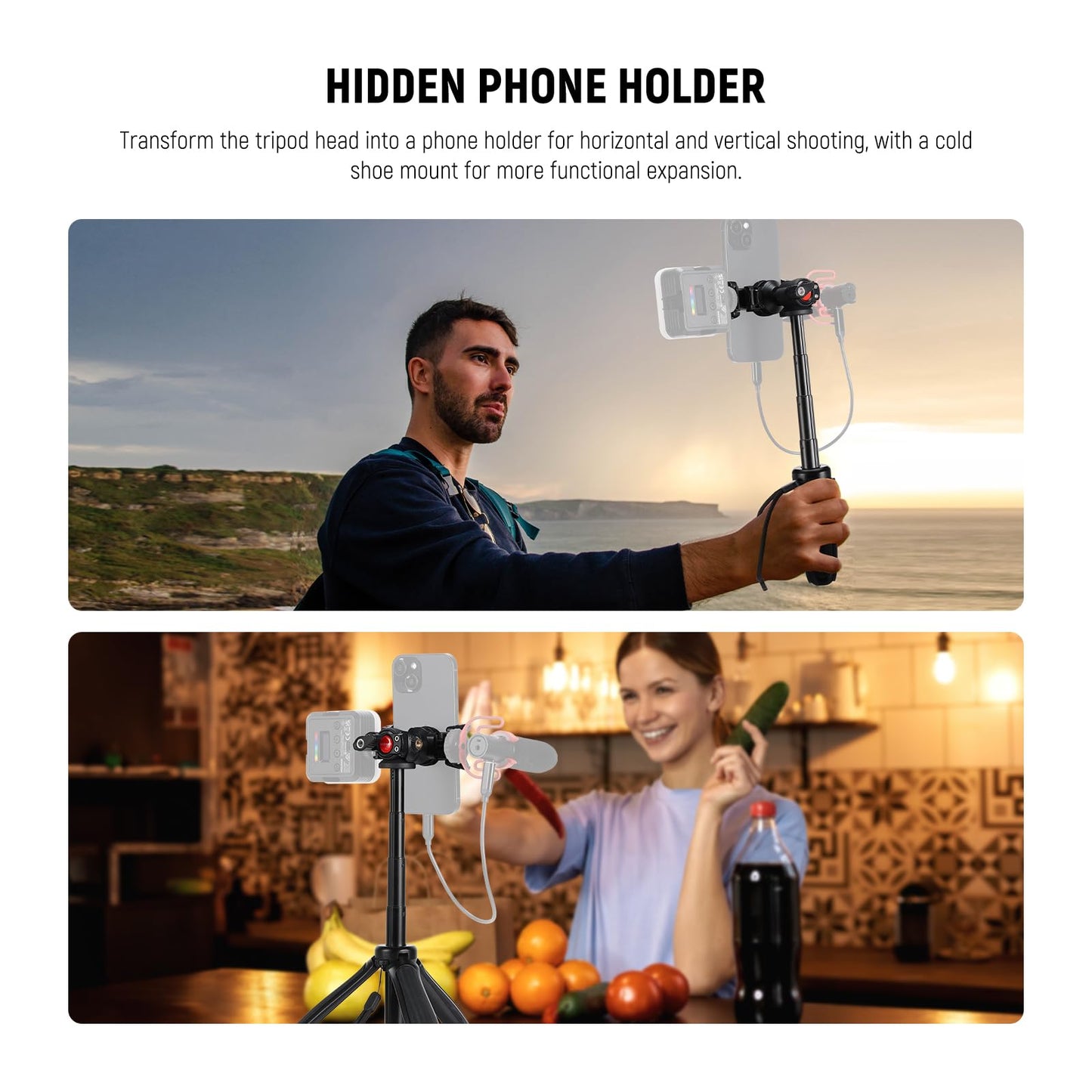 NEEWER TP38 Phone Camera Tripod, 15" Extendable Selfie Stick Metal Stand with Phone Holder, Action Camera Adapter Compatible with Hero 12 11 10 9