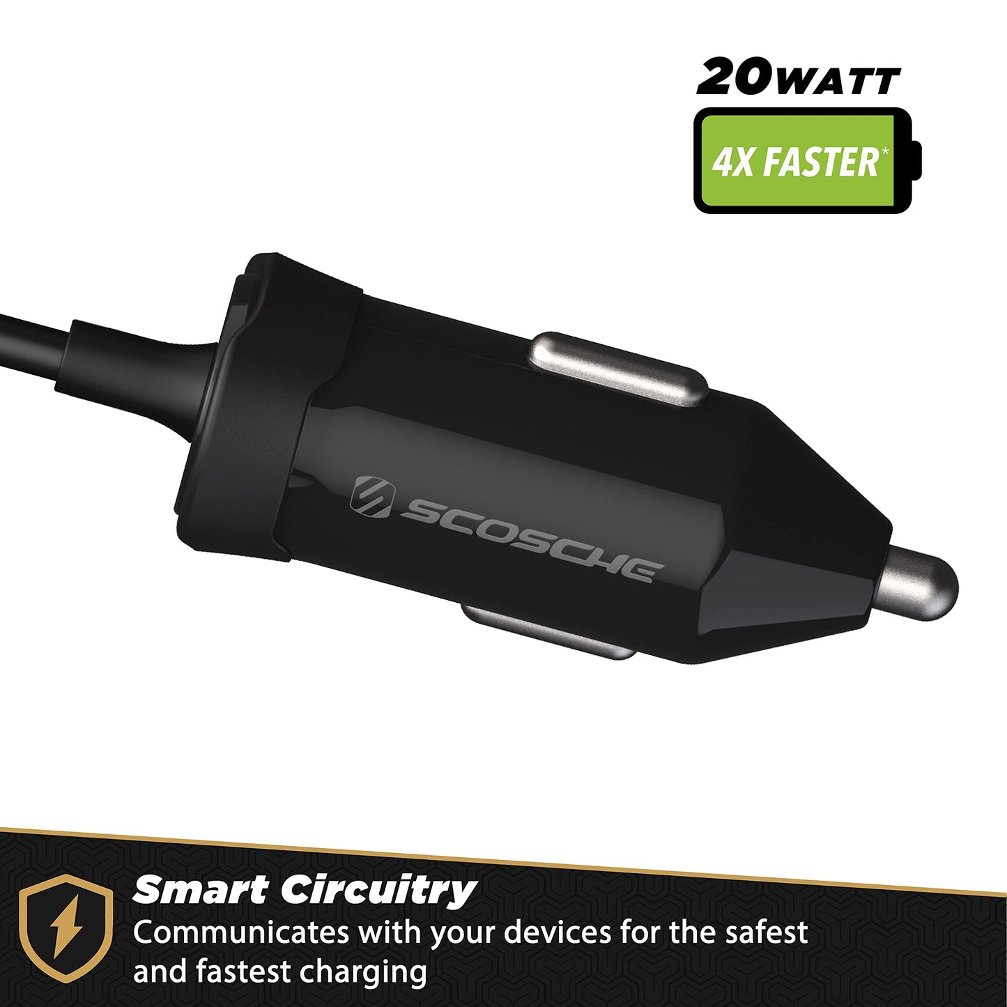 Scosche CPDC203 PowerVolt 20-Watt USB Type-C Power Delivery 3.0 Fast Car Charger with Attached 3-Foot Adjustable Coiled Cable for All USB-C Devices