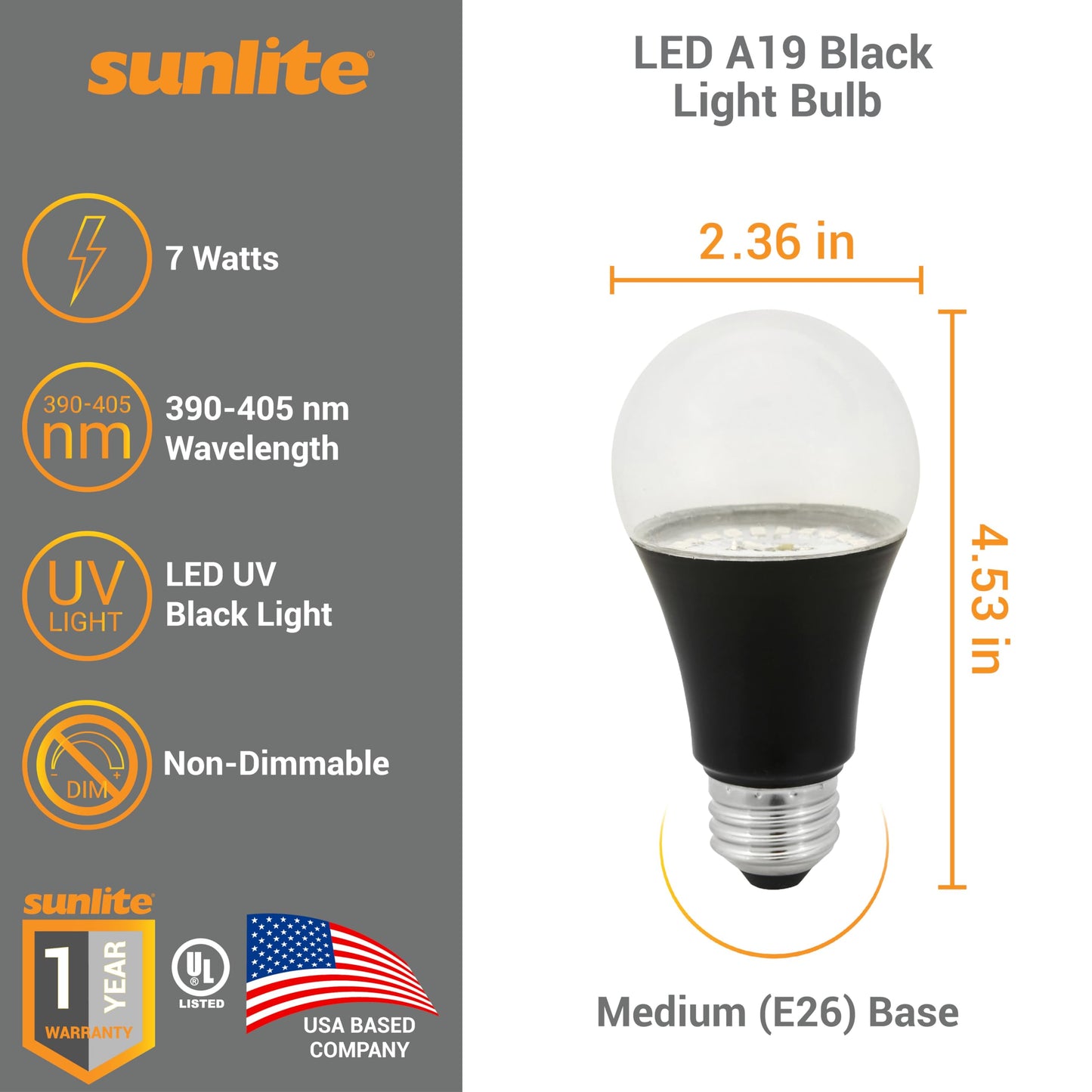 Sunlite LED A19 Black Light UV Bulb, 7W (60W Equiv.), Medium E26 Base, Non-Dimmable, 390-405nm Wavelength, Ideal for Black Light Room Decor, Halloween