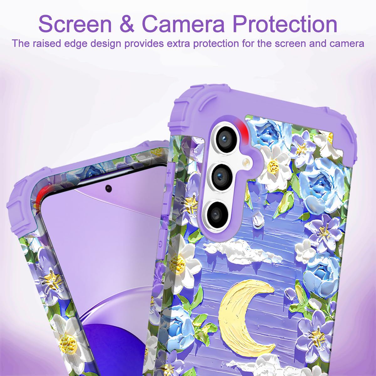 SleekCover for Galaxy S24 Case,3 in 1 Oil Painting Flower Pattern Heavy Duty Shockproof Protection Silicone Rubber Bumper+Hard Plastic Hybrid