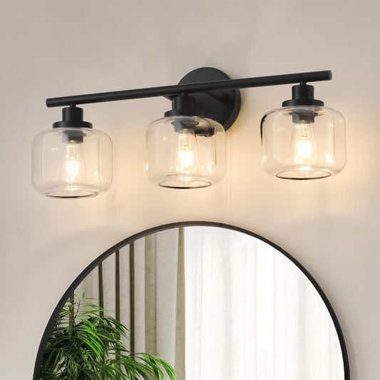 Smplhavn 2025 Upgraded Black Bathroom Vanity Light 3-Lights Bathroom Light Fixtures Over Mirror with Glass Shade 25 inch Wall Sconce Lighting