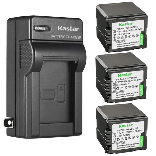 Kastar 3-Pack VW-VBG260 Battery and AC Wall Charger Replacement for Panasonic HDC-HS100, HDC-HS100GK, HDC-HS200, HDC-HS250, HDC-HS250K, HDC-HS300