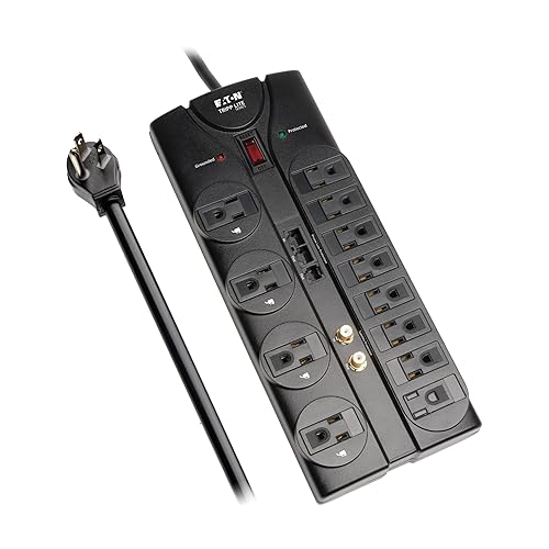 Eaton Tripp Lite TLP1208SAT Home Theater Surge Protector Power Strip, 12 Outlets, Flat Plug 8ft Extension Cord, 2880 Joules Coax, RJ11 and RJ45 Port