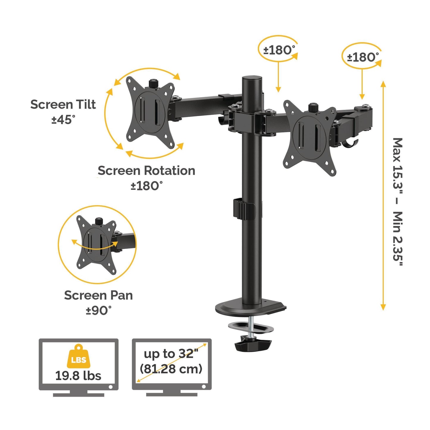 Fellowes Everyday Adjustable Dual Monitor Arm - Holds Two Screens up to 32" (inch) Weighing 19.84 lbs Each, Tilt, Swivel, Rotate, VESA 75/100, Clamp