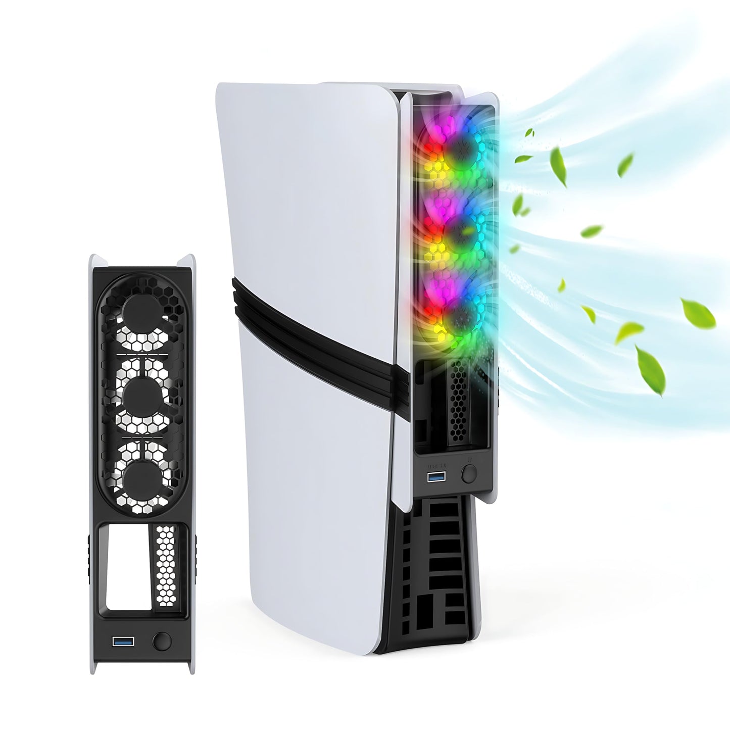 AMOZIFY Cooling Fan for PlayStation 5 (Slim/Pro, Disc & Digital) - Ultra-Quiet 3-Speed, USB 3.0 Pass-Through, Dynamic RGB - Black