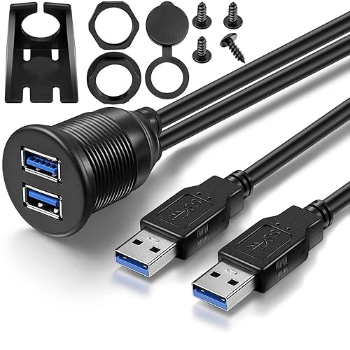 OBVIS 2 Ports Dual USB 3.0 Male to USB 3.0 Female AUX Flush Mount Car Mount Extension Cable for Car Truck Boat Motorcycle Dashboard Panel -(6 Feet)
