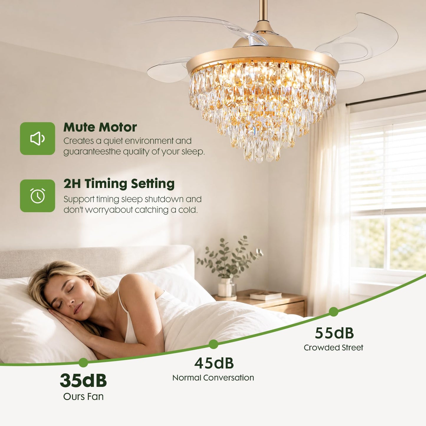CROSSIO 42" Crystal Fandelier Dimmable, 6 Speeds, Retractable Gold Ceiling Fans with Lights and Remote Luxury Chandelier Fan for Bedroom Dining Room