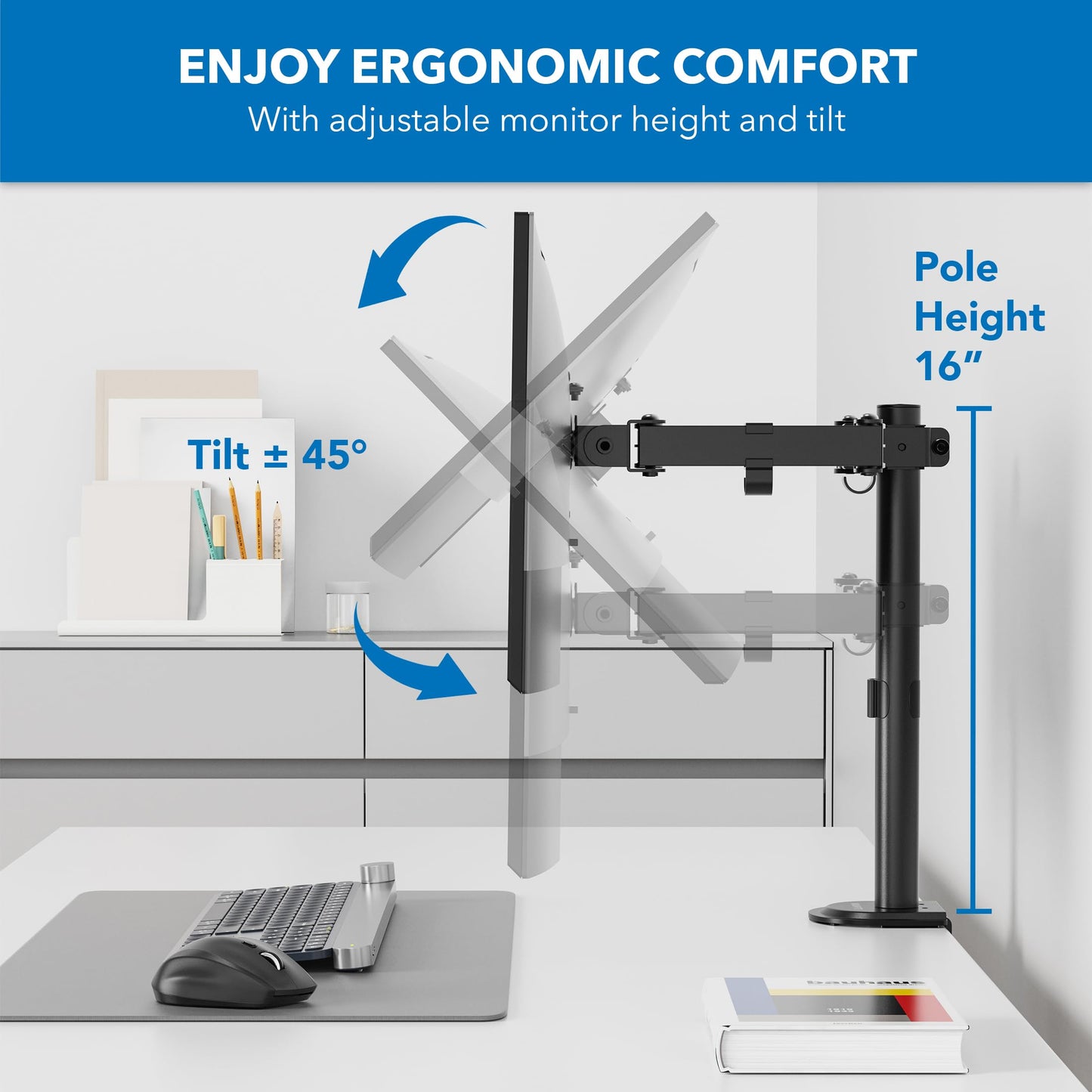 Mount-It! Single Monitor Arm 17" to 32", Full Motion Adjustment with Tilt, Rotation, Swivel, Height Adjustment Along Pole, Clamp or Grommet Mounting