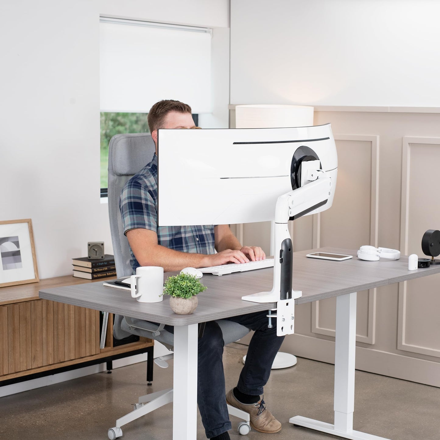 VIVO Premium Tilt Joint Ultrawide Monitor Stand, Fits up to 49 inch Computer Screens, Single Articulating Pneumatic Arm, C-Clamp and Grommet Desk