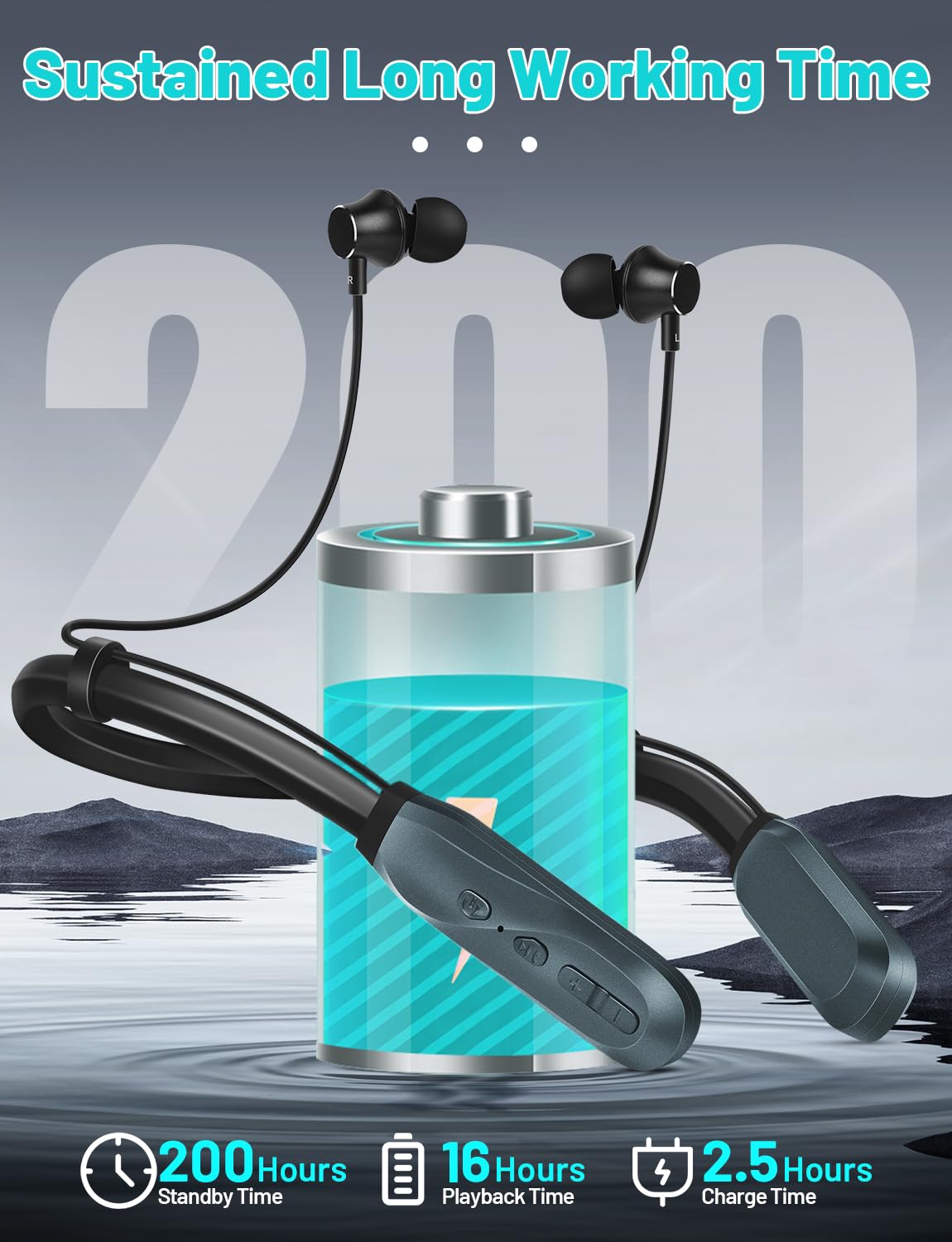 TERUBIN Neckband Bluetooth Headphones, 200H Long Playtime Wireless Stereo Neckband Earbuds with Microphone, Waterproof Around The Neck Headphones in