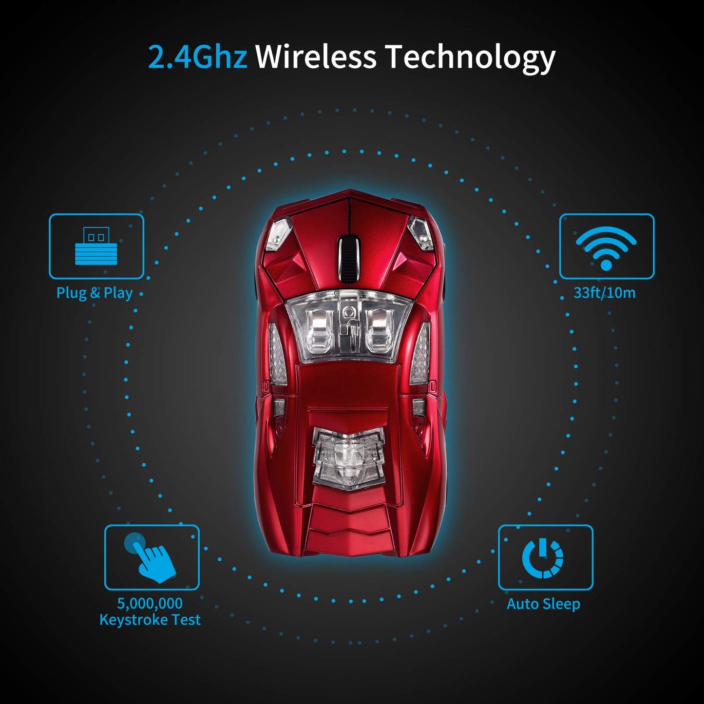 BKLNOG Sports Car Shaped Computer Mouse [Updated] with LED Headlights, 1600 DPI Optical Sensor 2.4 GHz Wireless Mouse for PC & Mac, Red