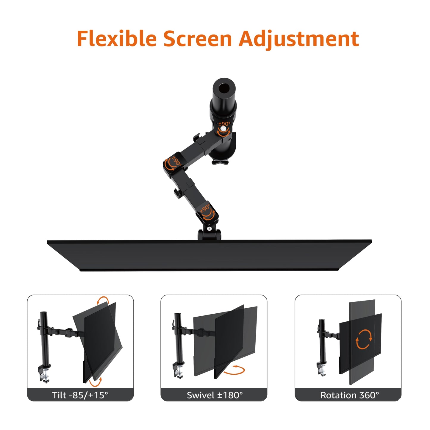 Amazon Basics Single Computer Monitor Stand with Cable Management, Height Adjustable VESA Desk Arm Mount, Fully Adjustable Tilt and Rotation, Steel
