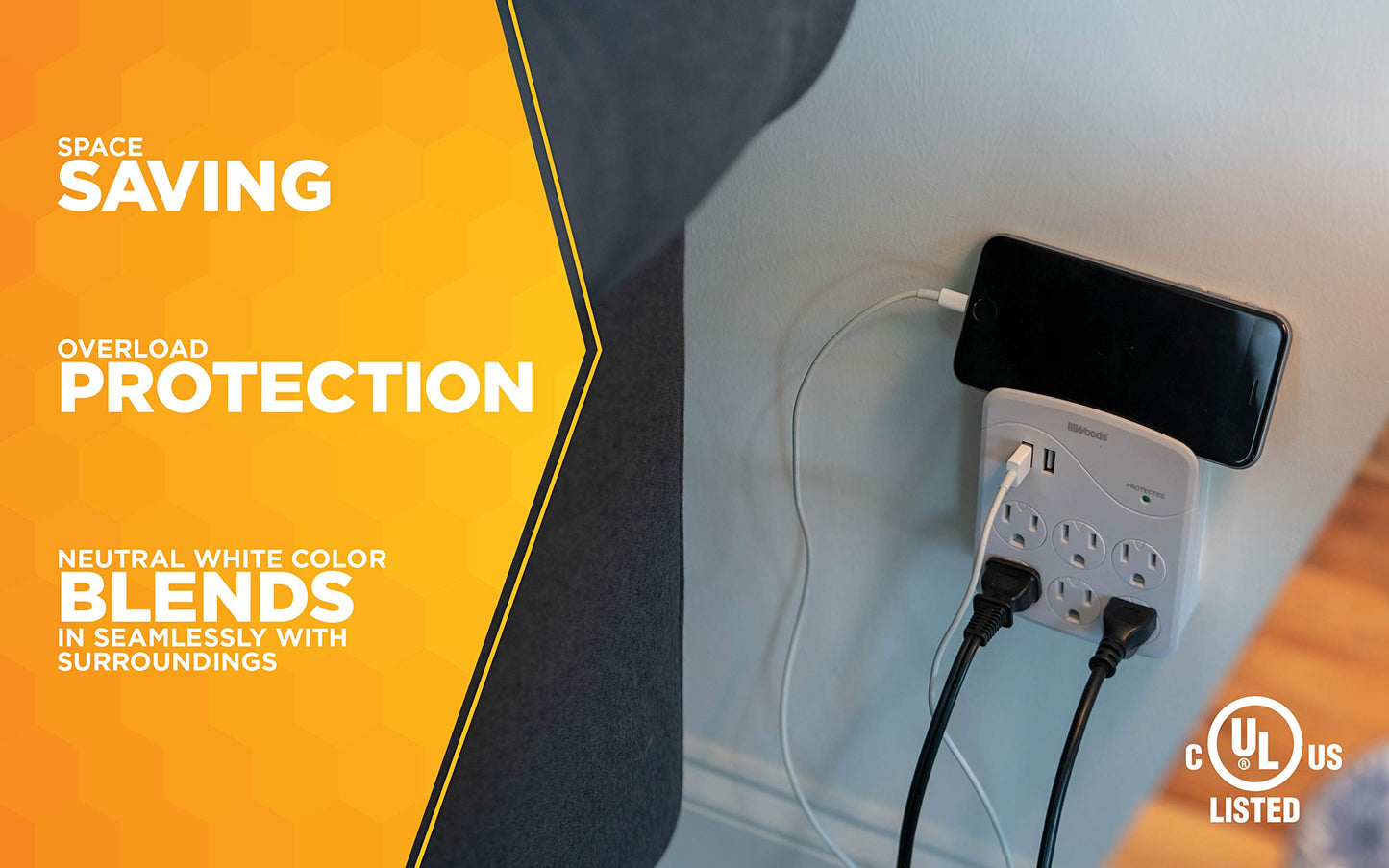 Woods 41079 Surge Protector with 6 Outlets and 2 USB Type A Ports with 1000J of Protection; White
