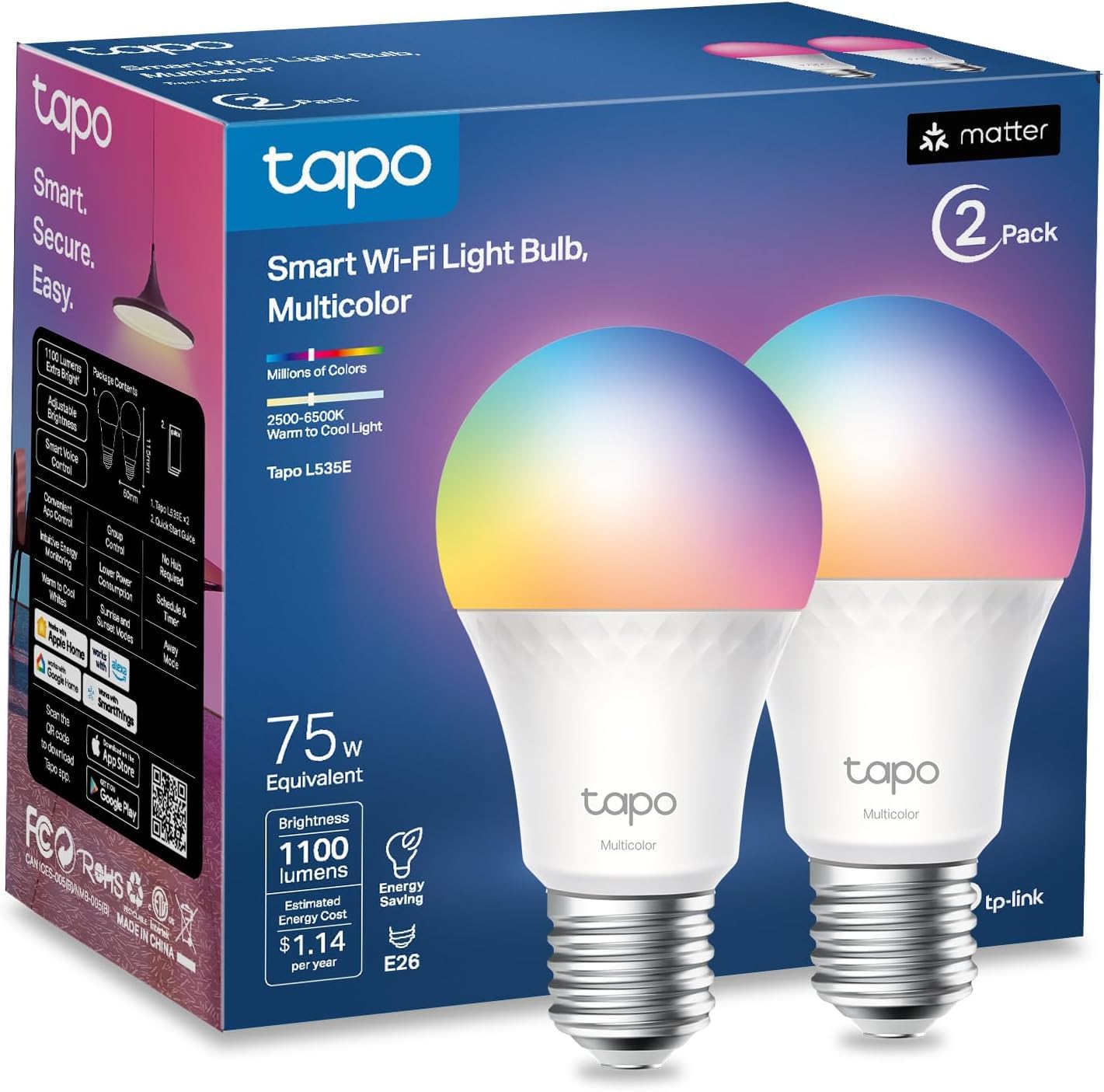 Tapo Multicolor Dimmable Smart Light Bulbs, L535E(2-Pack), A19 E26, 1100LM