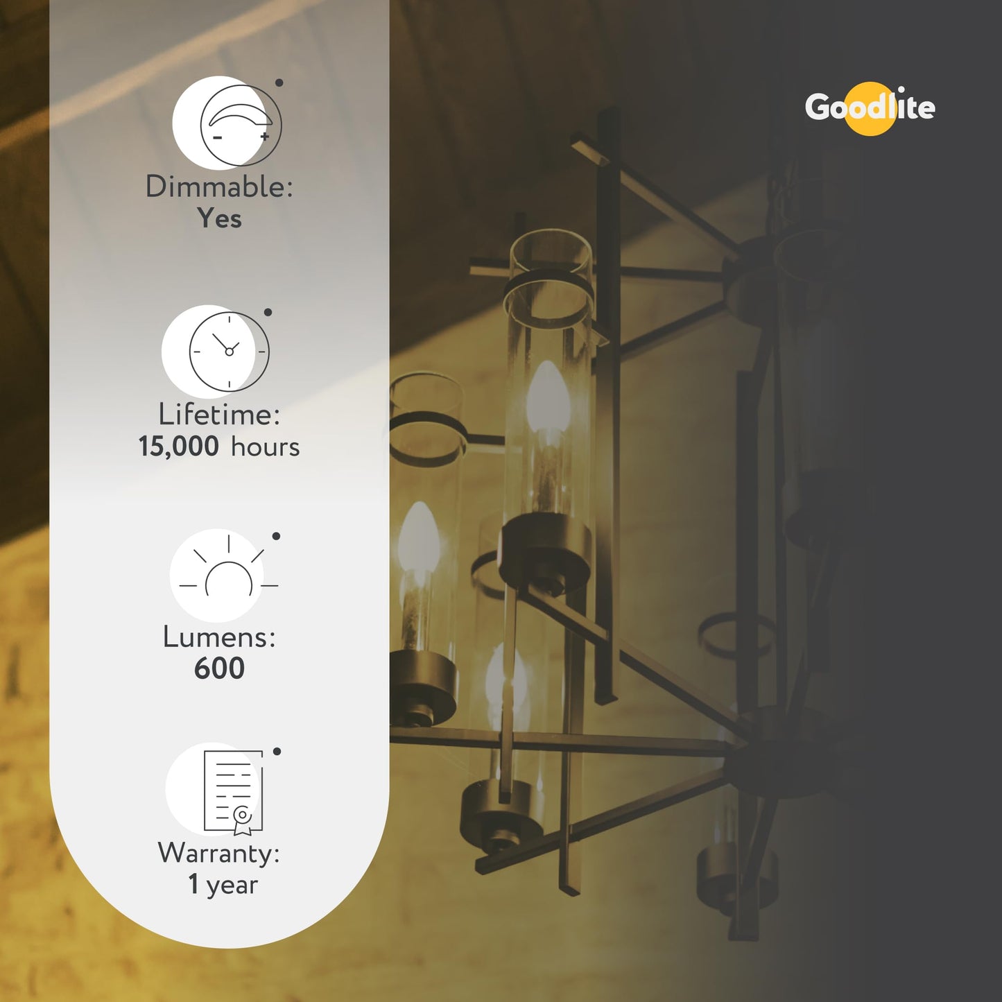 Goodlite C32 LED Chandelier Bulb, Torpedo Tip, 5W (60W Equal), Dimmable, 600 Lumens, Warm White 3000K, 15k Hours, Eco-Friendly, Ideal for Candelabra