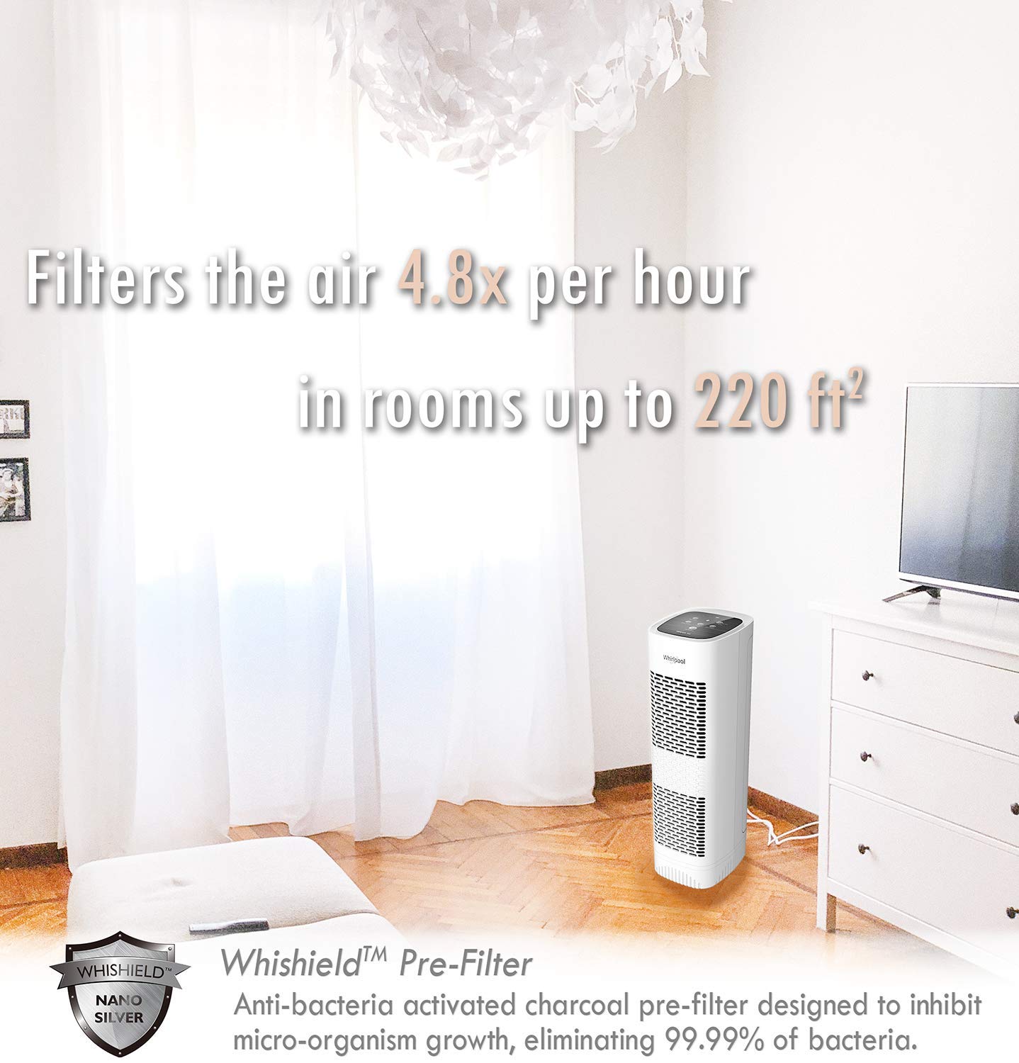 Whirlpool WPT80P Whispure True Hepa Air Purifier, Activated Carbon Advanced Anti-Bacteria, Ideal for Wildfire, Allergies, Odors, Pet Dander, Mold
