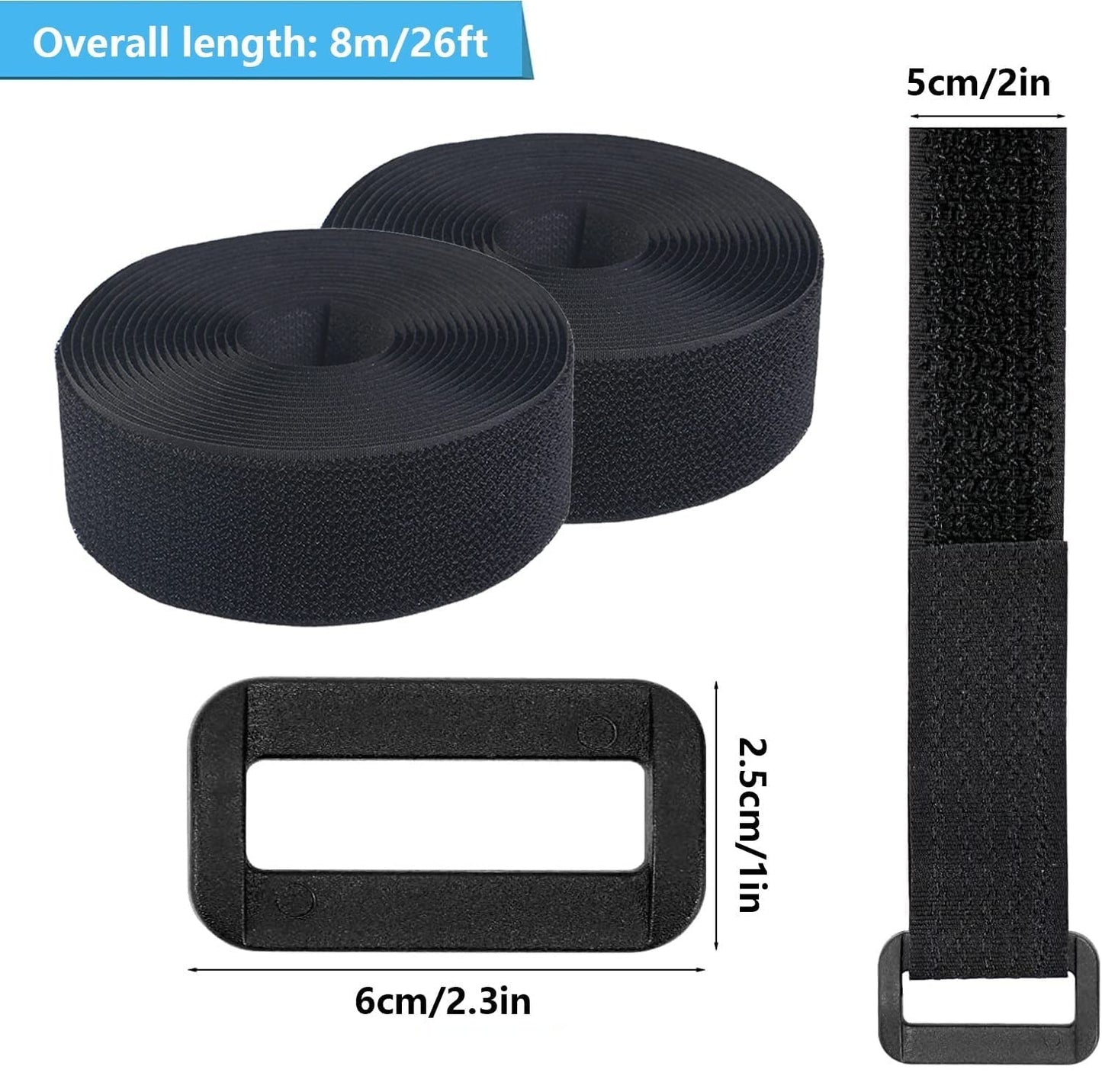 Jumpso 2 Rolls 26FT 2 inch Wide Cable Straps with 20 Buckles, Heavy Duty Nylon Hook and Loop Straps for Fastening Securing, Reusable Cut-to-Length
