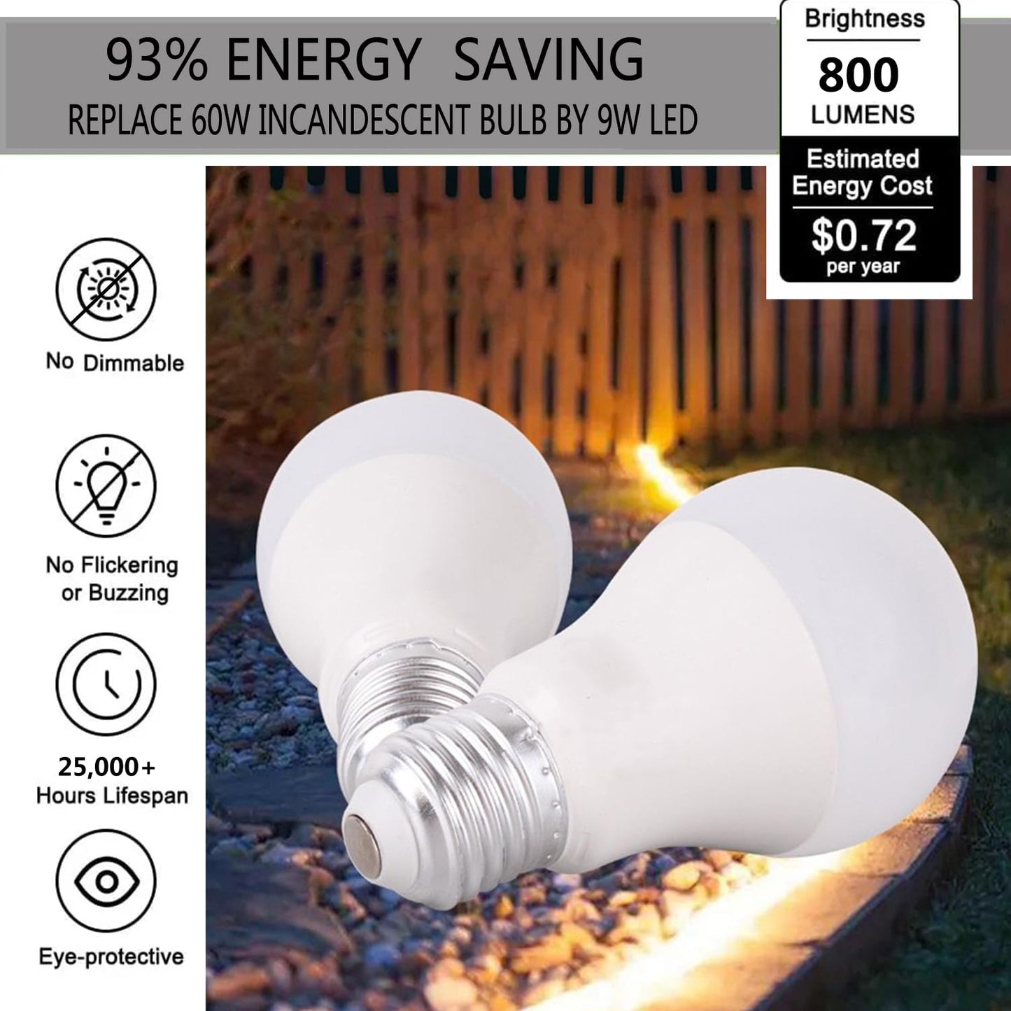 ZwwYvv LED Light Bulb,A19 60 Watt Equivalent, Energy Efficient 9W,800 Lumens, Daylight White 5000K, Non-Dimmable, Long Lifetime,Frosted,6 Count (Pack
