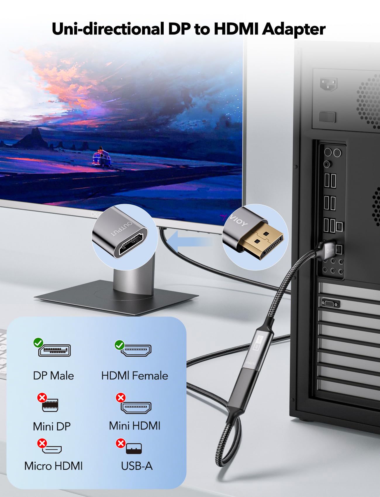 VIOY Displayport to HDMI Adapter 2 Pack, 4K@30HZ Uni-Directional DP (Source) Male to HDMI (Display) Female, 1080P@120HZ Display Port Adapter