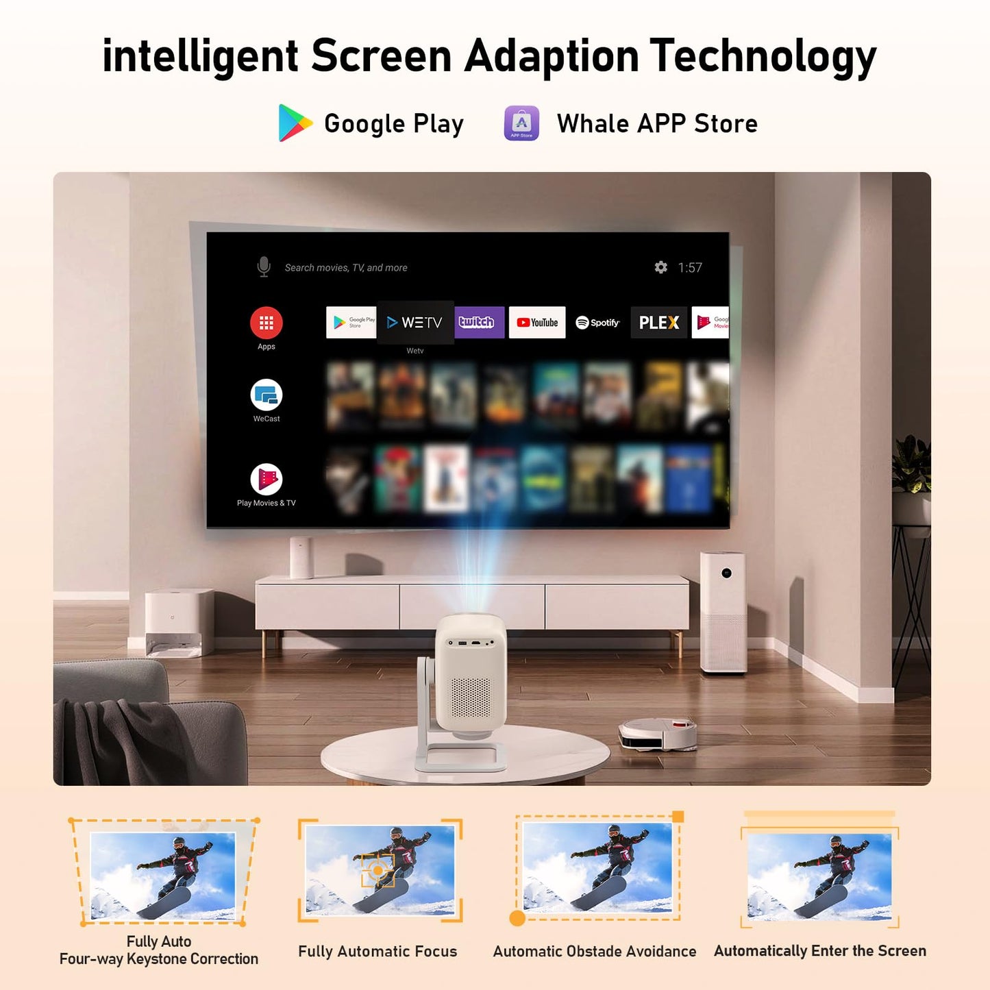 40"-120" Smart Mini Projector with Android TV, 4K Supported 1080P Portable Outdoor Movie Projector, Auto Keystone, WiFi 6 & Bluetooth 5.2