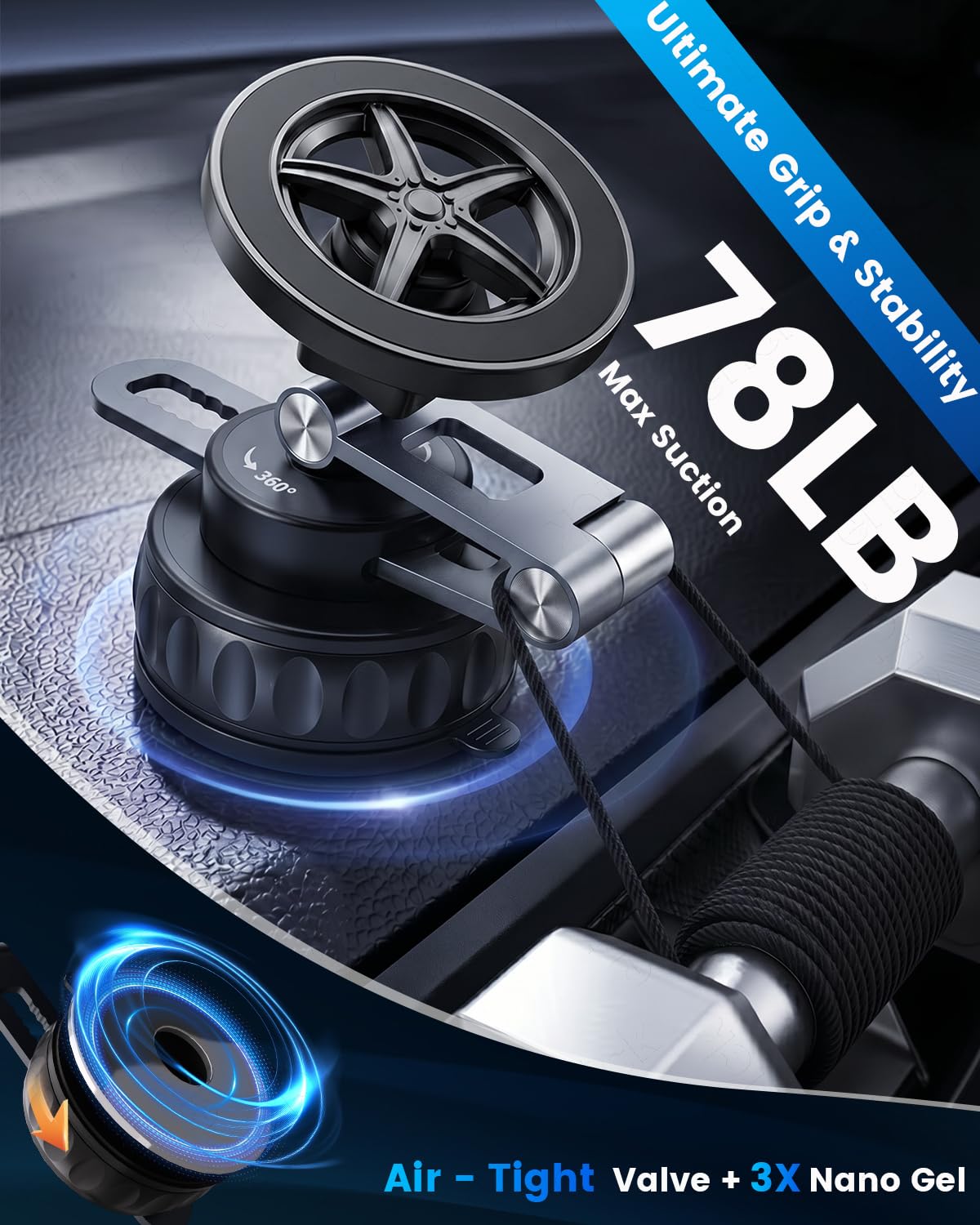 frani Magnetic Vacuum Car Phone Holder [Ultra-Strong Suction & Magnet] 360° Rotatable Dashboard Mount, Universal Cell Phone Holder for Car for iPhone