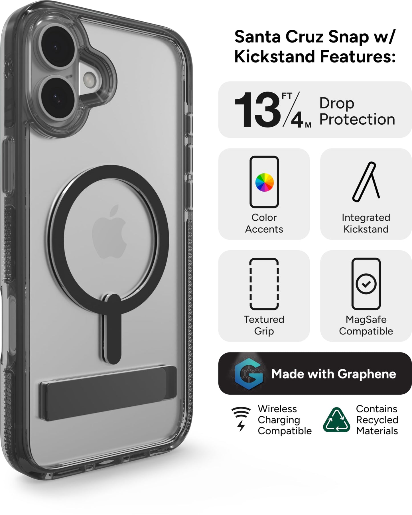 ZAGG Santa Cruz Snap with Kickstand Case for iPhone 16 Plus - MagSafe Compatible, 13ft Military-Grade Drop Protection, Reinforced with Graphene, Slim