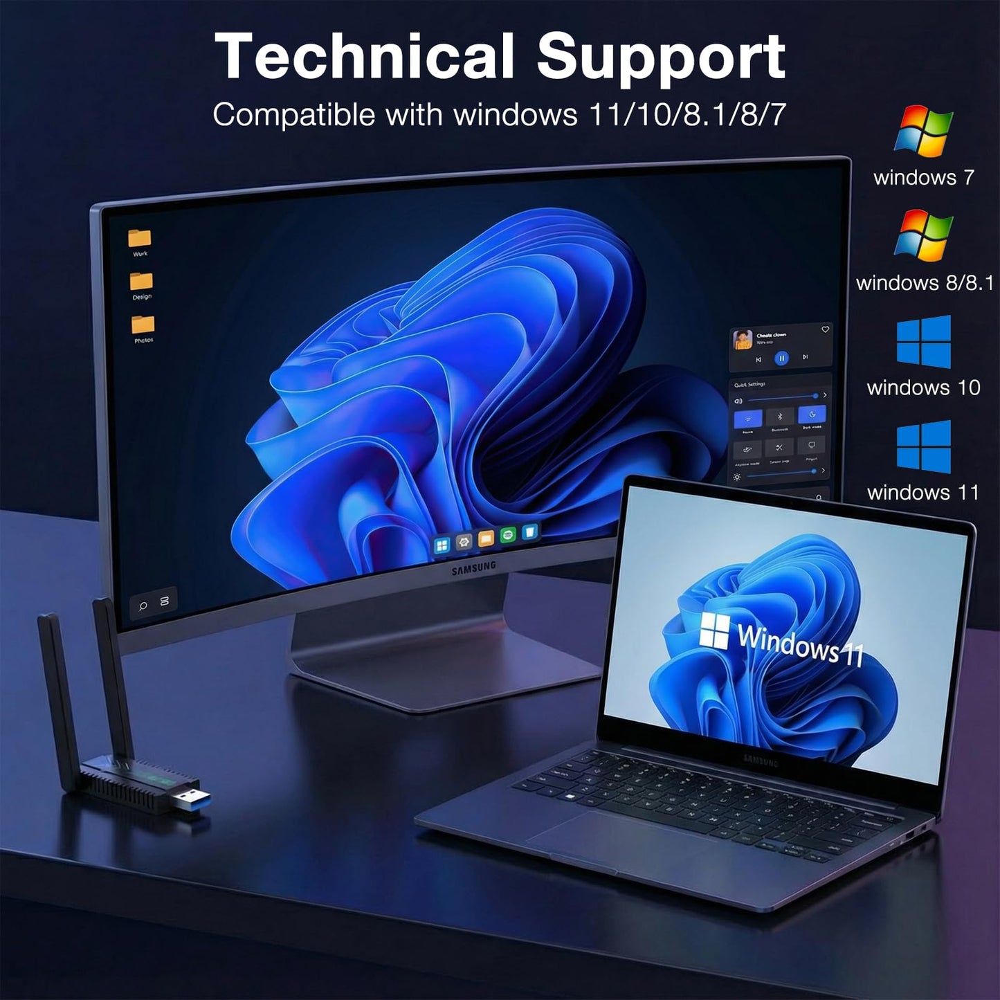 WiFi Adapter for Desktop PC, AC1300Mbps Dual Band 5GHz/2.4GHz Wireless Network Adapter for PC, USB 3.0 WiFi 6 Dongle with High Gain Antenna