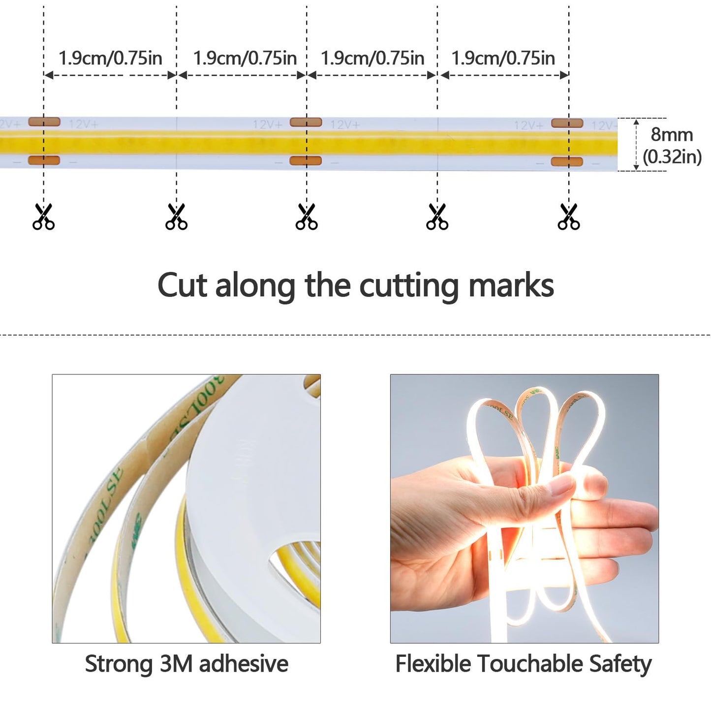 GOMING DC 12V COB LED Strip Light Natural White 4000K 16.4ft(5M) 1560LEDs CRI 93+ Uniform Glow Flexible IP20 Not Waterproof LED Tape Lights for DIY