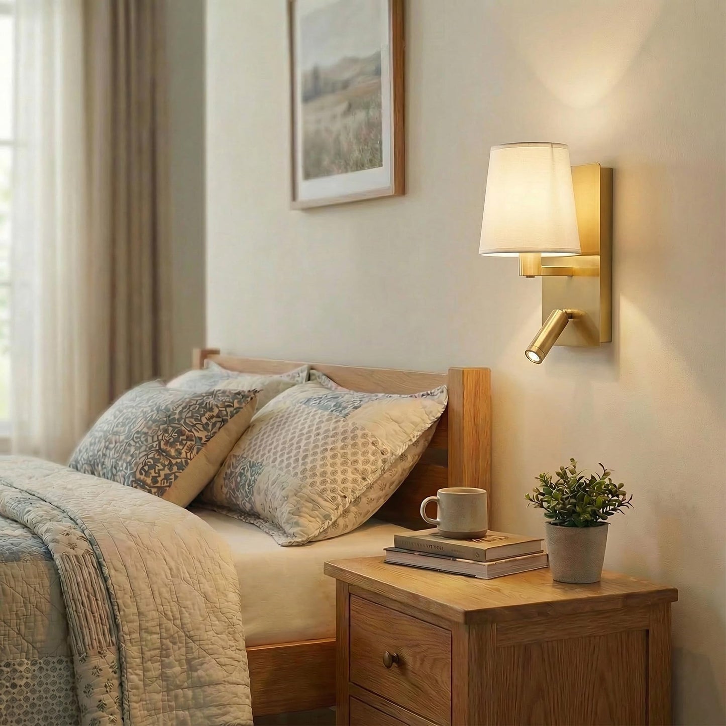 Lucande 12.1" Wall Sconce with Shade & Reading Light, White Fabric Wall Lamp for Bedroom, Gold Bedside Wall Light with LED Reading Light 3000K 205 lm