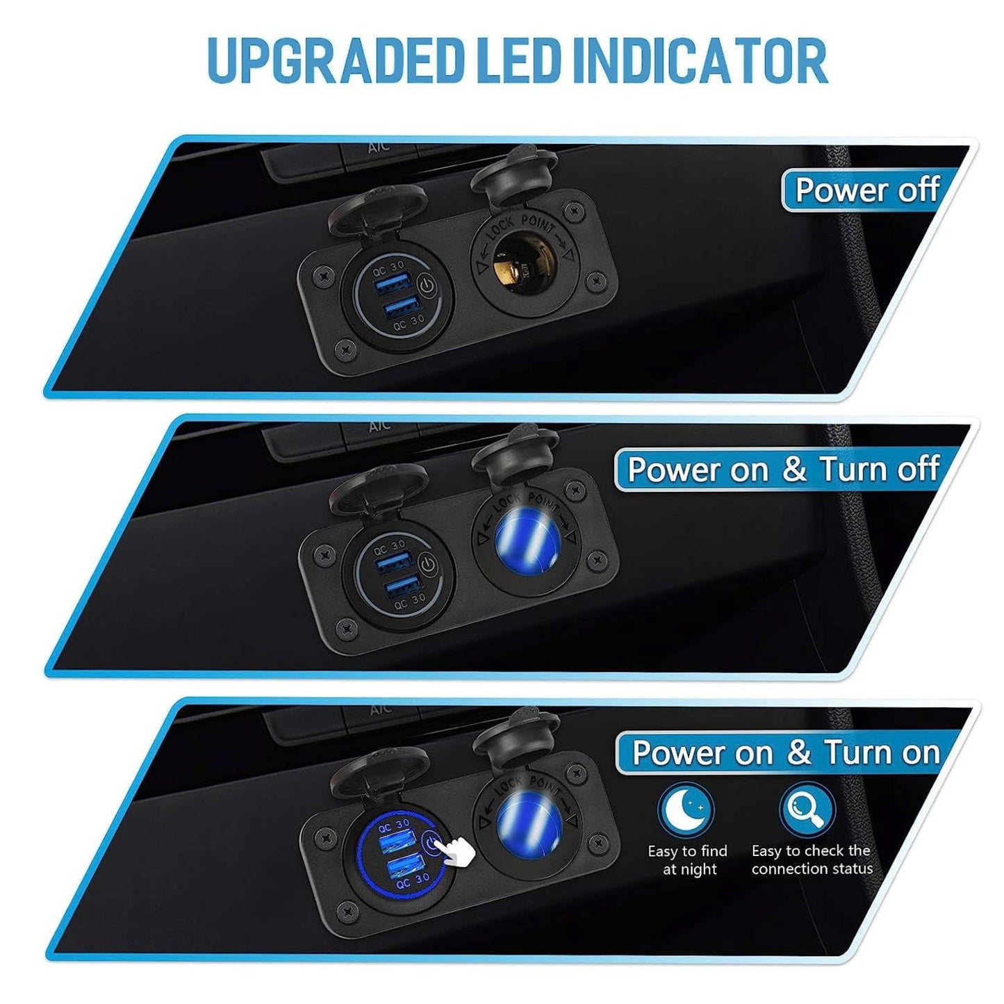 [Upgraded] Cigarette Lighter Socket Outlet Splitter, Quick Charge 3.0 USB Charger Power Outlet with LED, 12V USB Outlet Marine Waterproof Power Panel