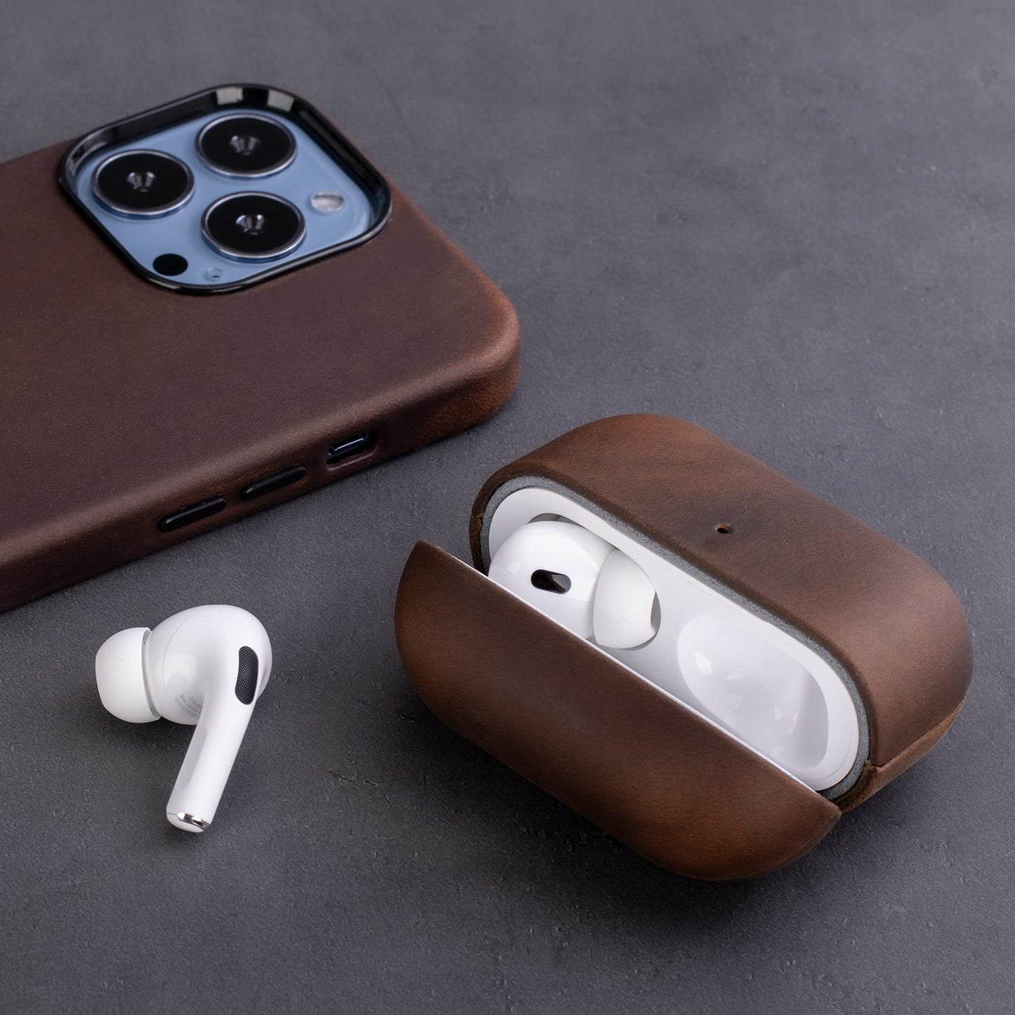Maogoam for AirPods Pro 2nd Generation Leather Case Cover with Button, Genuine Oil Wax Crazy Horse Cowhide Leather Case for Airpods Pro 2