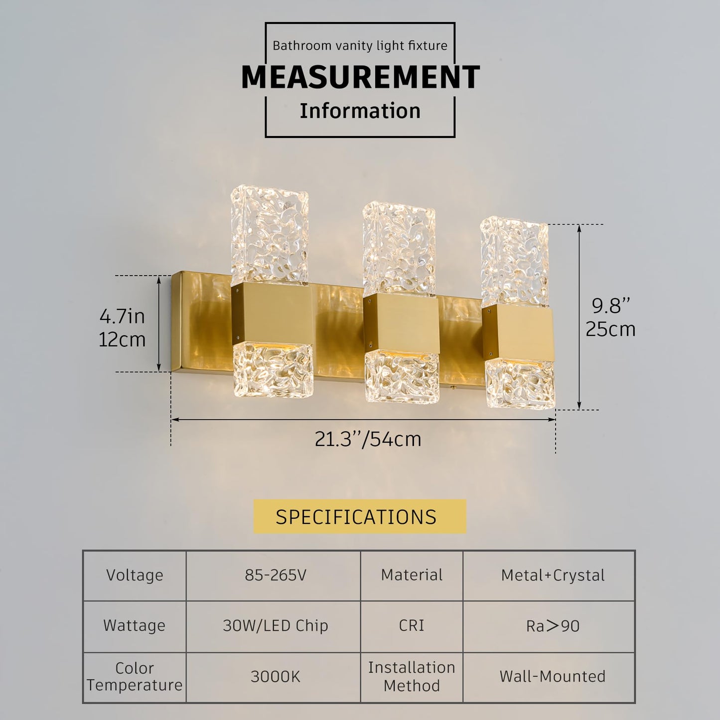 OYLYW Gold Bathroom Vanity Lights Fixtures Over Mirror LED Crystal Modern 3 Light Brushed Stainless Steel Wall Mount Light for Bathroom Lighting
