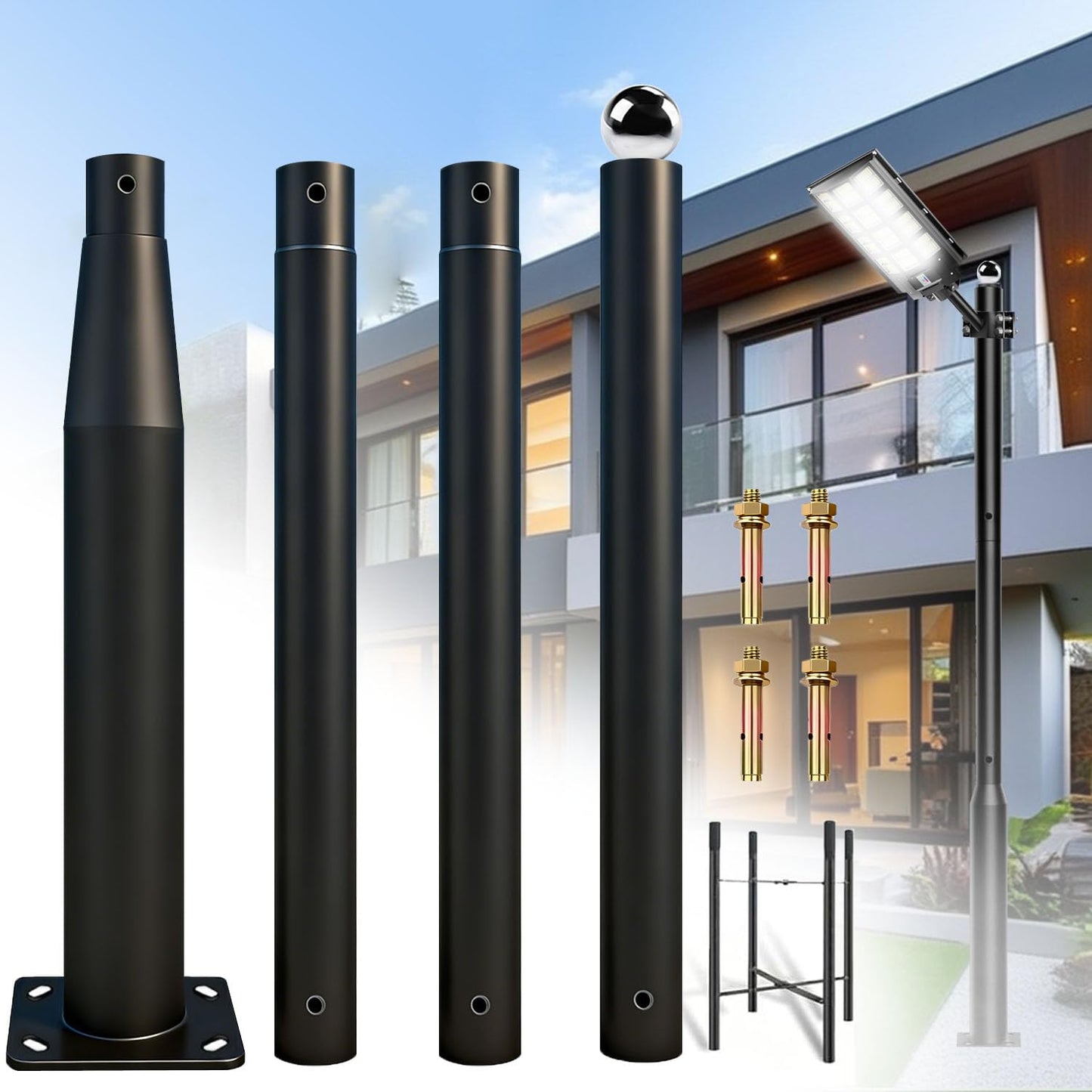 HeHeTX Street Light Pole 13Ft Tall, Outdoor Metal Split Heavy Duty Street Lamp Post for Outside Large Solar Street Lights with Mounting Steel Anchor