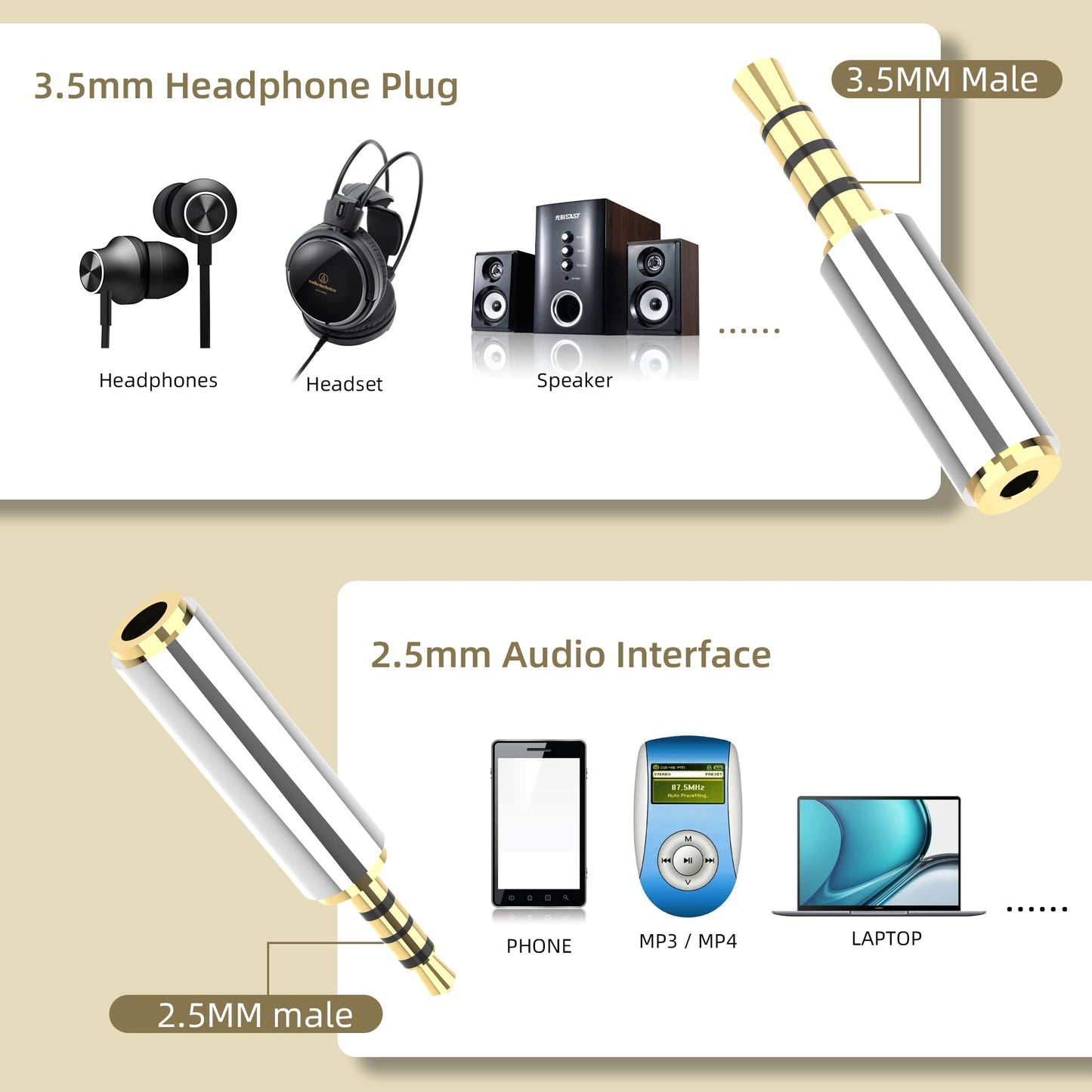 2.5mm to 3.5mm Adapter and 3.5mm to 2.5mm Adapter Male to Female Stereo Audio Connector, 3.5 to 3.5 (1/8") TRS Stereo Aux Converter Gold Plated