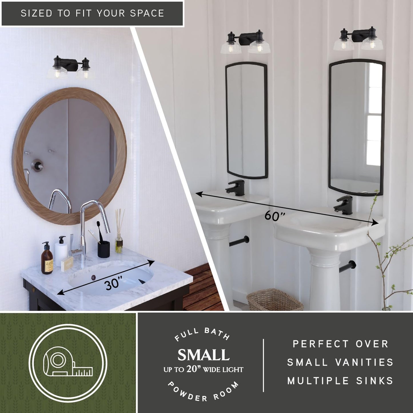 VAXCEL Beloit 2-Light 17 inch Wide Matte Black Farmhouse Bathroom Vanity Lighting Fixture, Clear Seeded Glass Shade, Dimmable, LED Compatible, Over