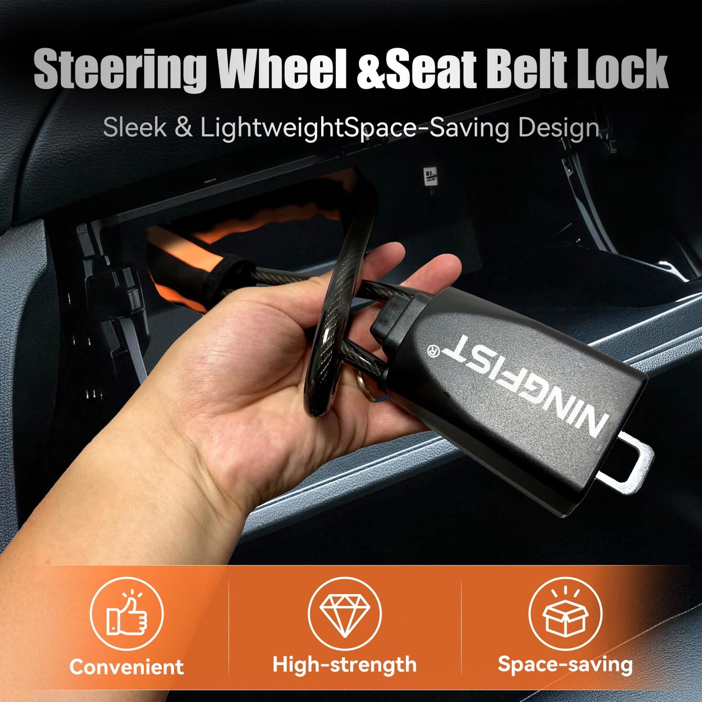 NINGFIST Steering Wheel Lock Anti-Theft Device, Heavy Duty Car Security Vehicle Lock with Keys, Universal Fit Adjustable Bright Orange Black for Cars