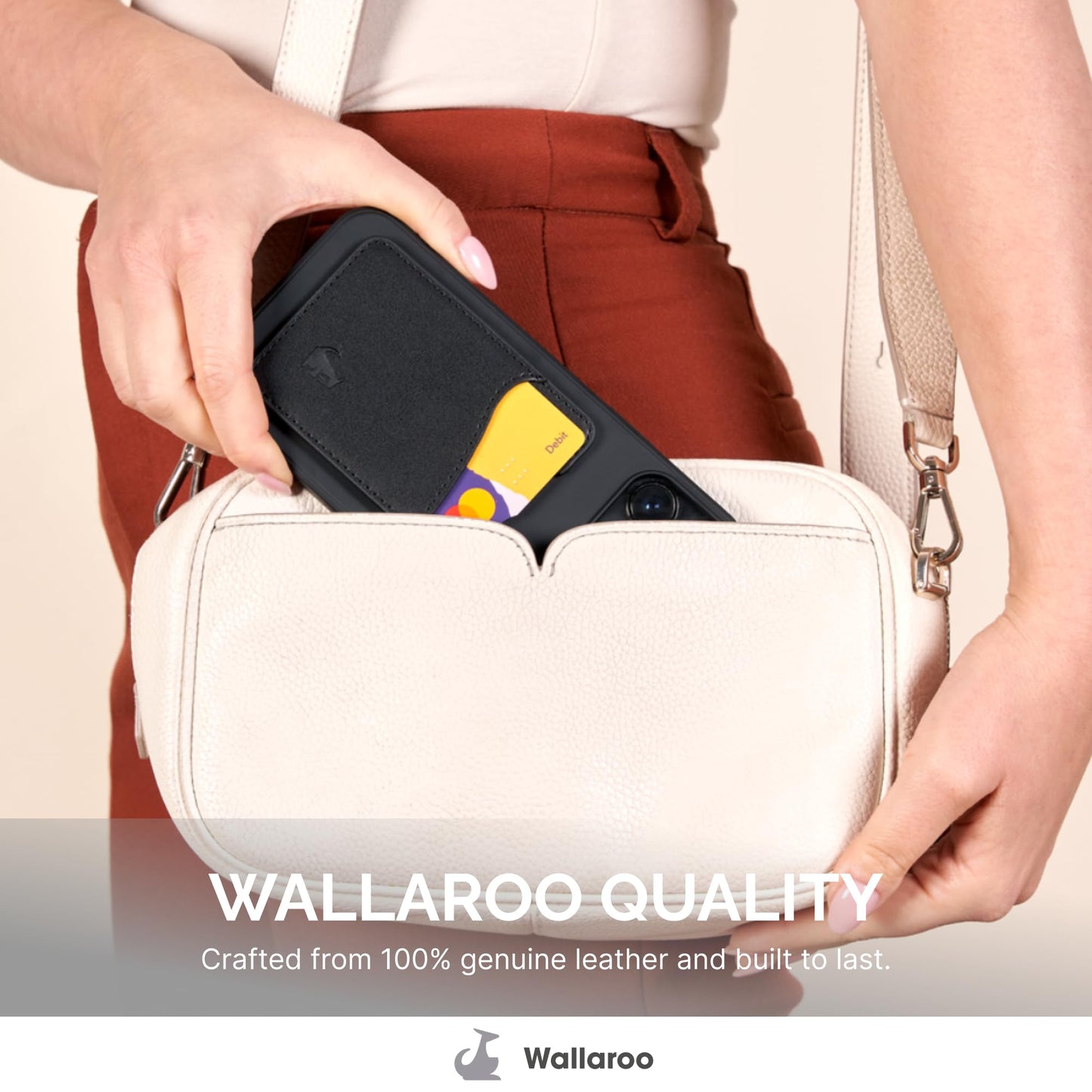 Wallaroo Premium Leather Cell Phone Wallet Stick On - Android and iPhone Wallet and Card Holder for Women and Men - Durable with Non-Slip Lining