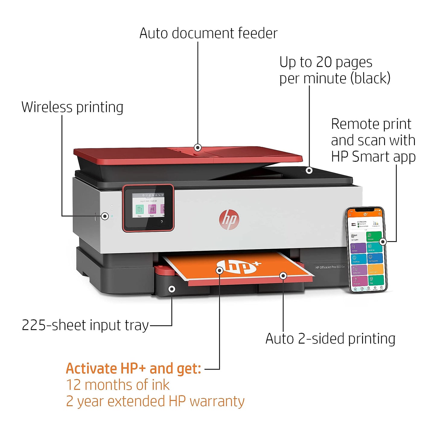 HP OfficeJet Pro 8035e Wireless Color All-in-One Printer (Coral) with up to 12 Months Instant Ink (1L0H8A)