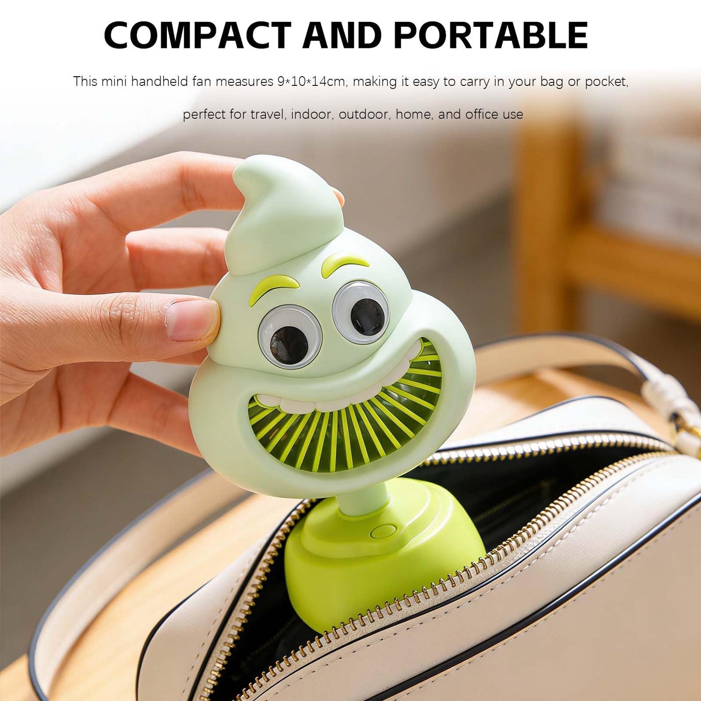 NWIUREN Cute Cartoon Portable Handheld Fan - Funny Poop Design, 3-Speed, USB Rechargeable, Lightweight Mini Fan for Summer, Travel, and Makeup (Brown)