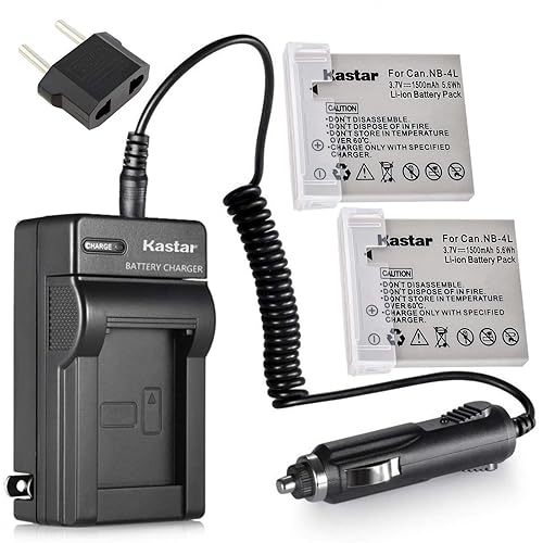Kastar Charger with Car Plug and 2 Battery NB-4L NB4L for Canon CB-2LV CB-2LVE IXUS 30 40 50 55 60 65 75 Cameras