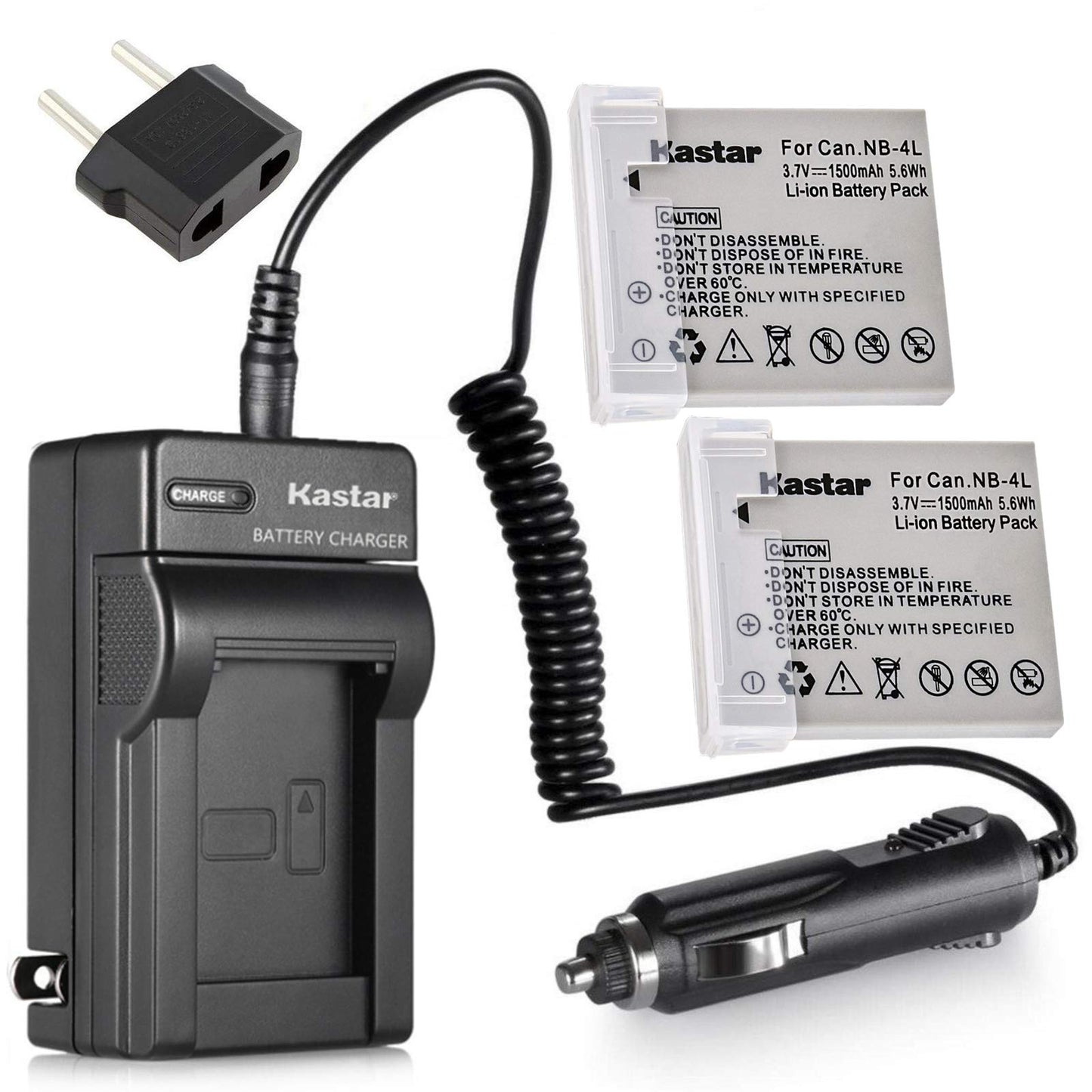 Kastar Charger with Car Plug and 2 Battery NB-4L NB4L for Canon CB-2LV CB-2LVE IXUS 30 40 50 55 60 65 75 Cameras