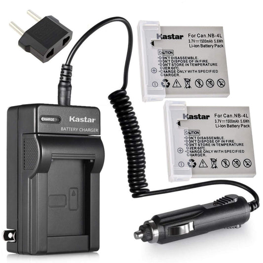 Kastar Charger with Car Plug and 2 Battery NB-4L NB4L for Canon CB-2LV CB-2LVE IXUS 30 40 50 55 60 65 75 Cameras
