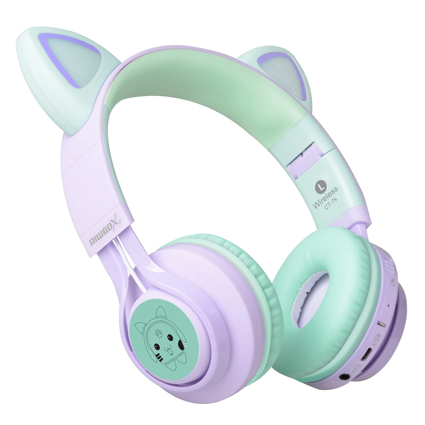 Riwbox Kids Wireless Headphones, CT-7S Cat Ear Bluetooth, 85dB Volume Limiting, LED Light Up Over Ear with Microphone for Laptop/PC/TV (Purple&Green)