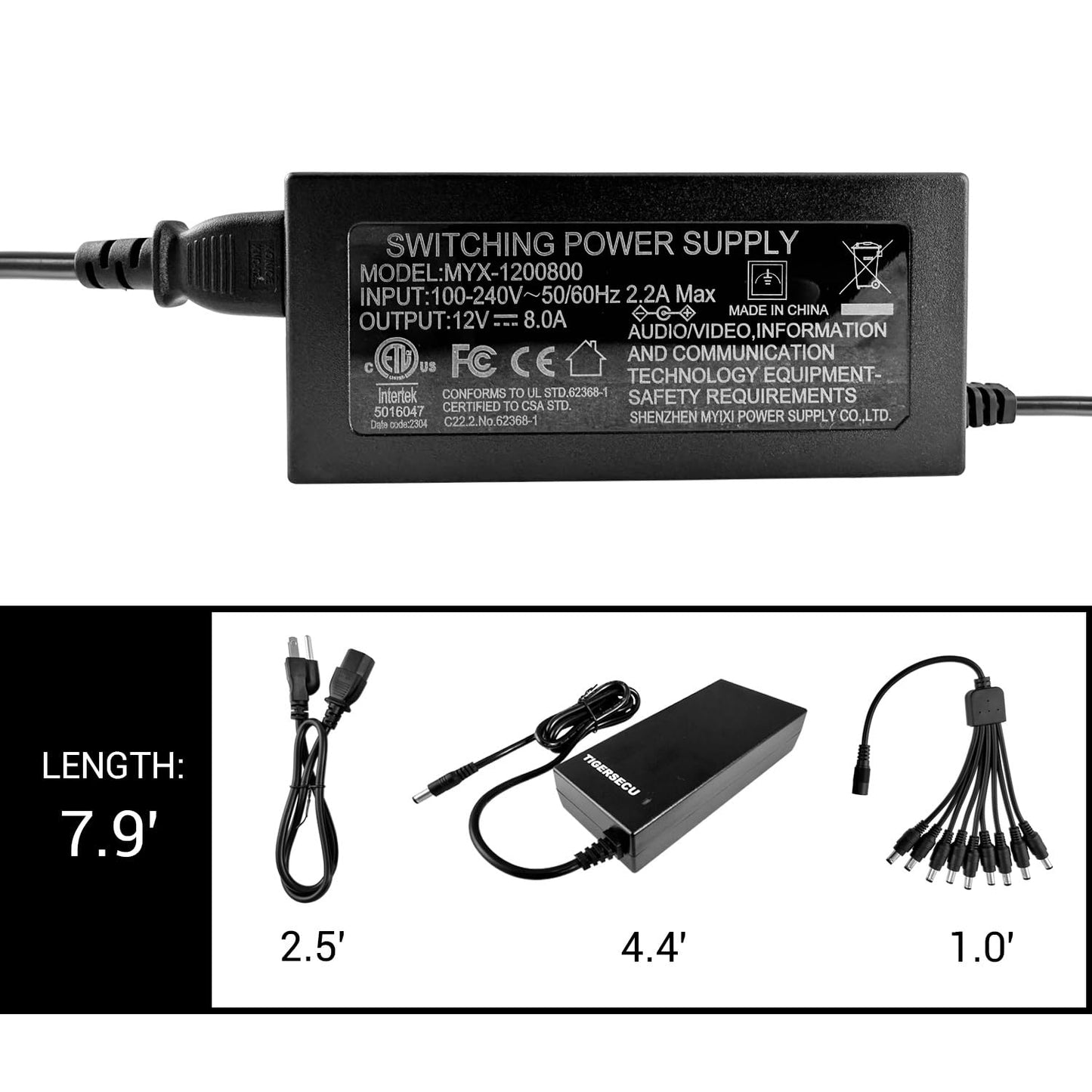 TIGERSECU 12V 8A Power Adapter for Security Cameras and DVRs, with 9-Way Splitter, 100V-240V, 2.1x5.5mm Power Supply, Compatible with Lorex, Night