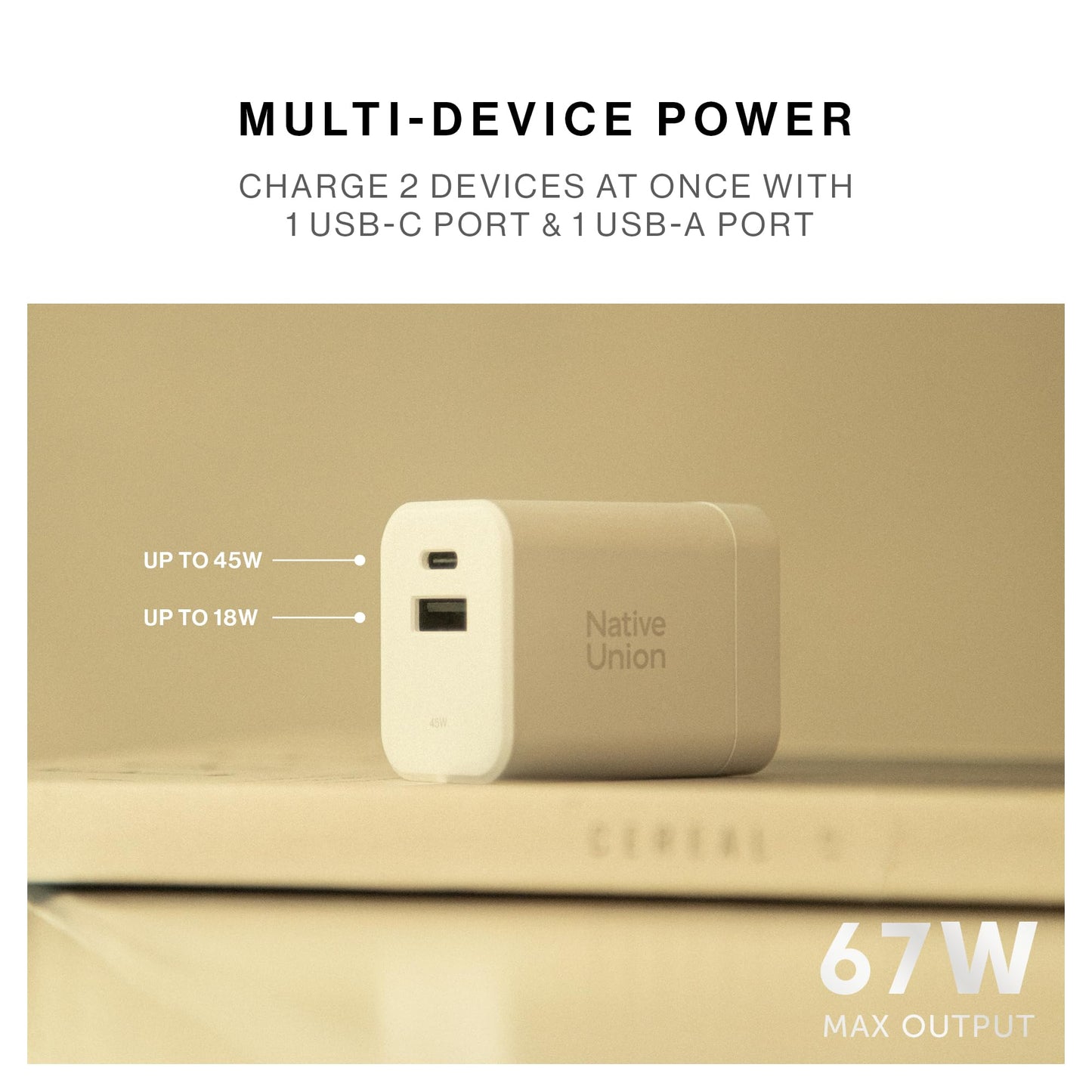 Native Union Fast GaN Charger PD45W - Ultra-Compact Two-Port Power Delivery Enabled USB-C & USB-A Travel Charger - Up to 45W - MacBook Air, iPads