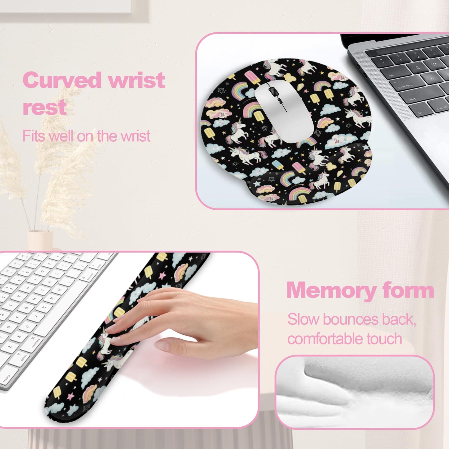 Cute Unicorn Starry Sky Rainbow Ergonomic Wrist Support Keyboard Mouse Wrist Rest Set, Computer Office Comfortable Wrist Rest for Mouse Easy Typing