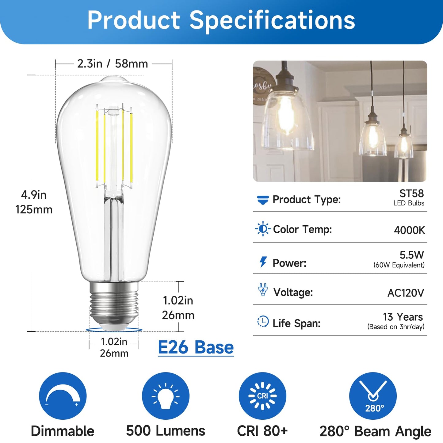 SHINESTAR Dimmable Edison Bulbs, 6W, Equivalent 60W, Bright Daylight White 4000K, Vintage ST58 Antique LED Filament Bulbs, E26 Medium Base, 80+ CRI