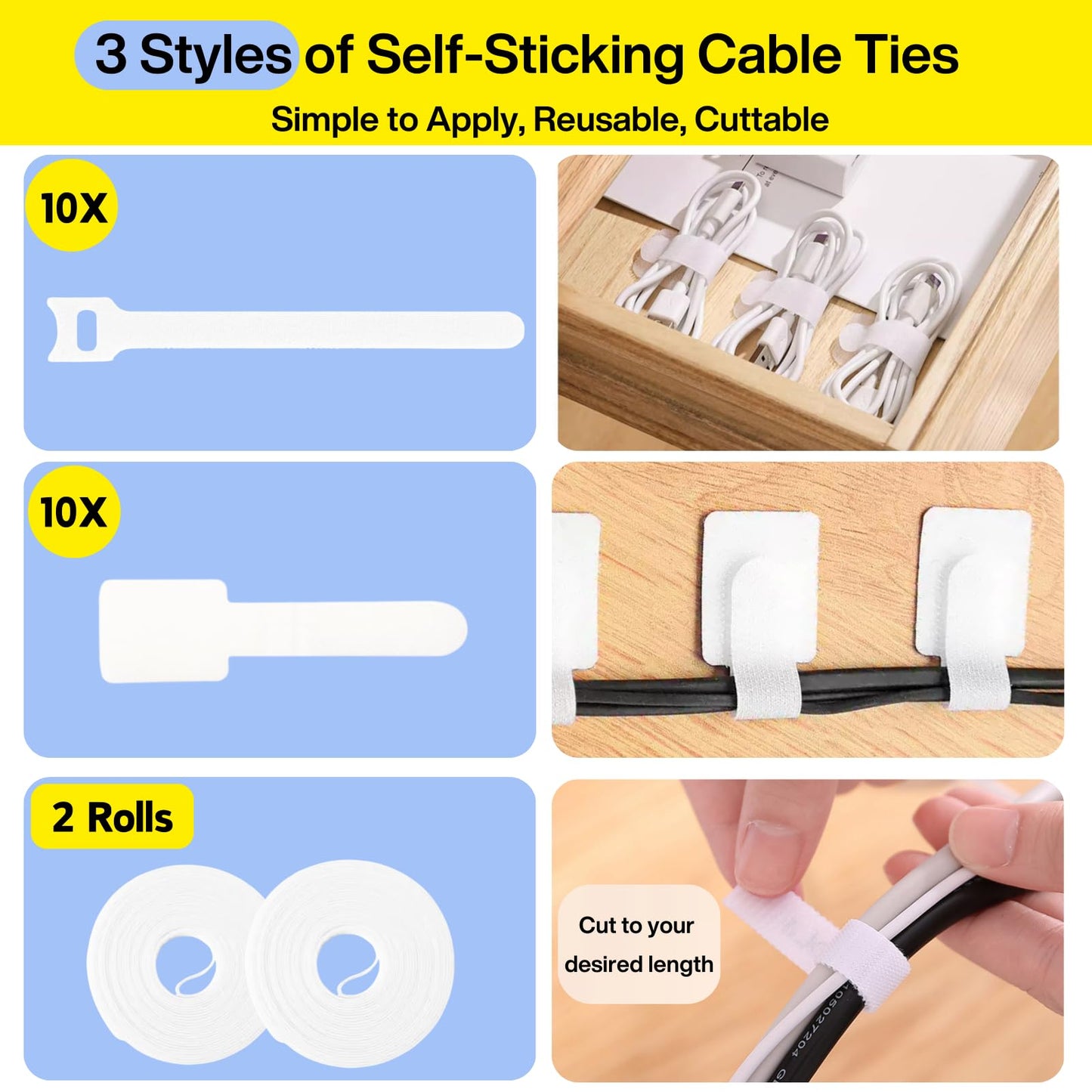 [313Pcs] Cable Management Kit, 67 Adhesive Cable Clips, Topavatop Desk Cord Organizer, 22 Reusable Cable Strap, 4 Cable Sleeve Split, 200 Nylon Cable