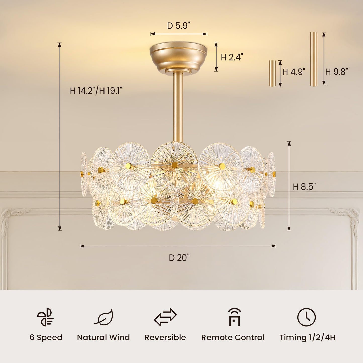 NOXARTE 20" Gold Crystal Fandelier Mid Century Gold Caged Ceiling Fan with Light and Remote Multi-Tier Flower Chandelier Fan with 6 Speeds for Living